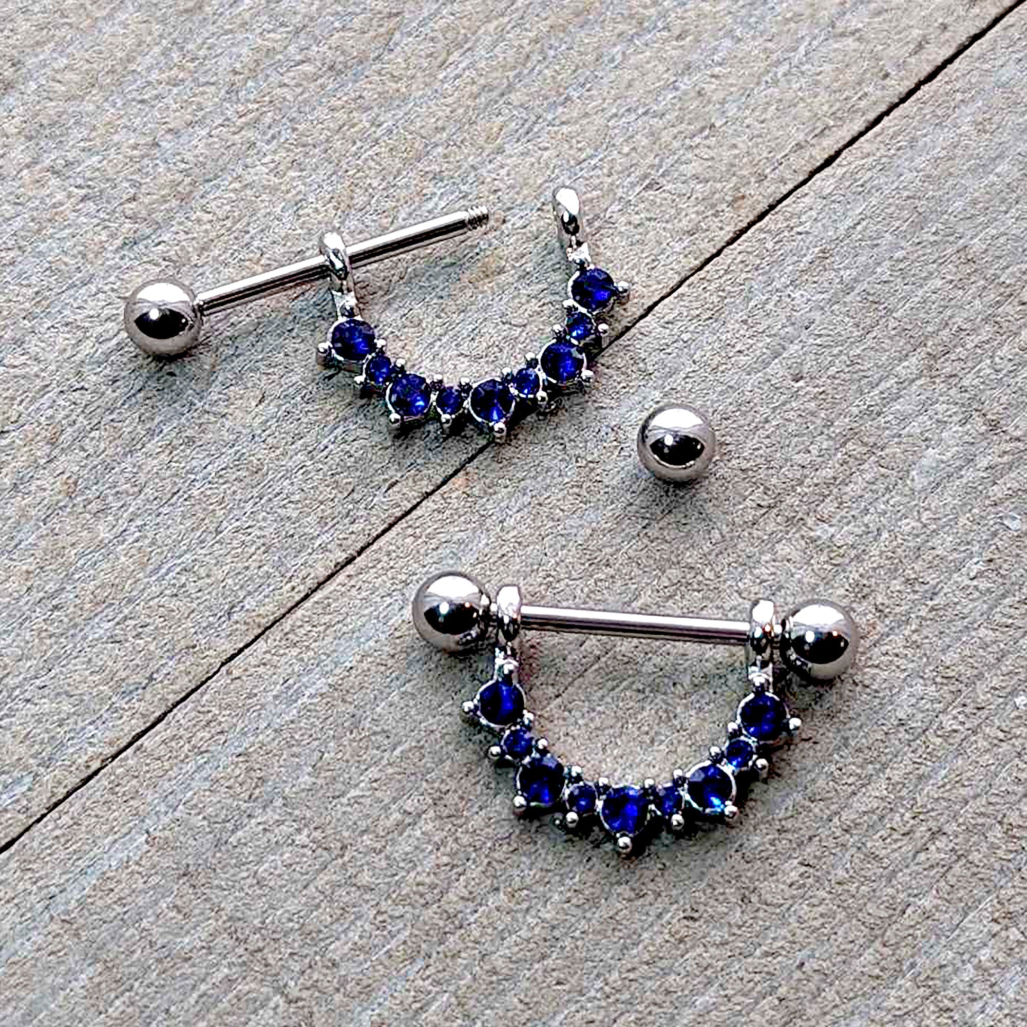 14 Gauge 9/16 Blue CZ Gem September Birthstone Dangle Nipple Shield Set