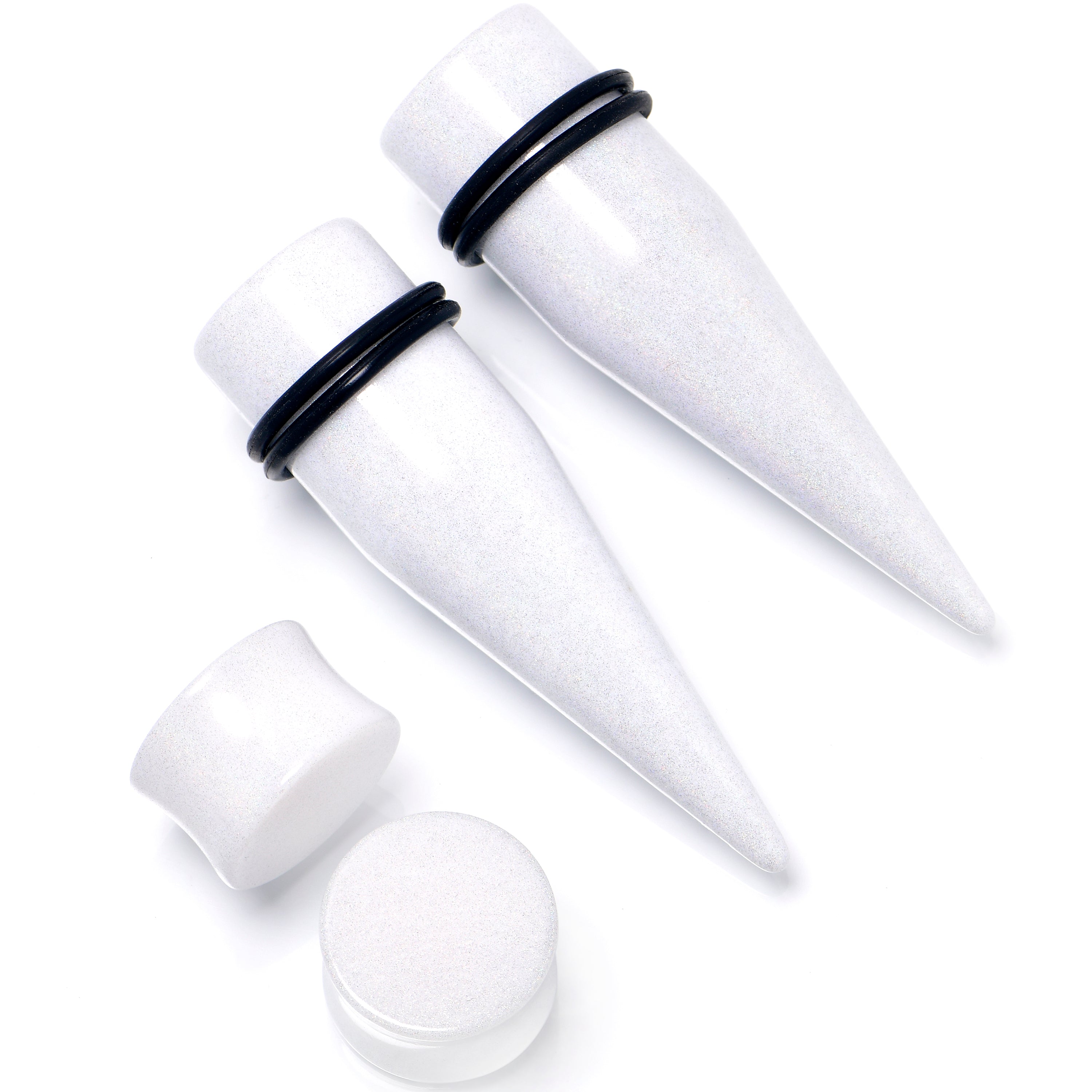 White Acrylic Shimmer Finish Taper Saddle Plug Set 6mm to 20mm Sizes