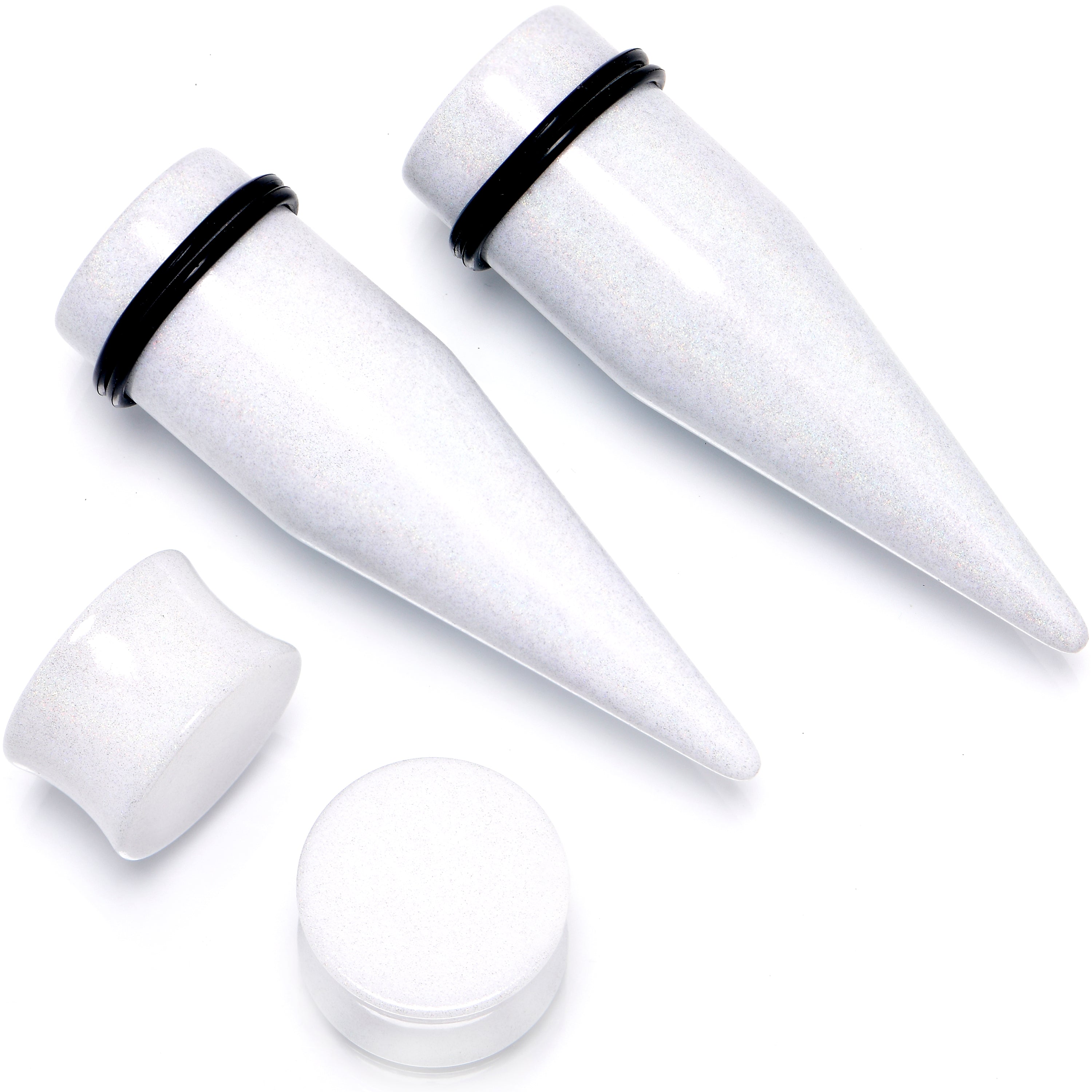 White Acrylic Shimmer Finish Taper Saddle Plug Set 6mm to 20mm Sizes