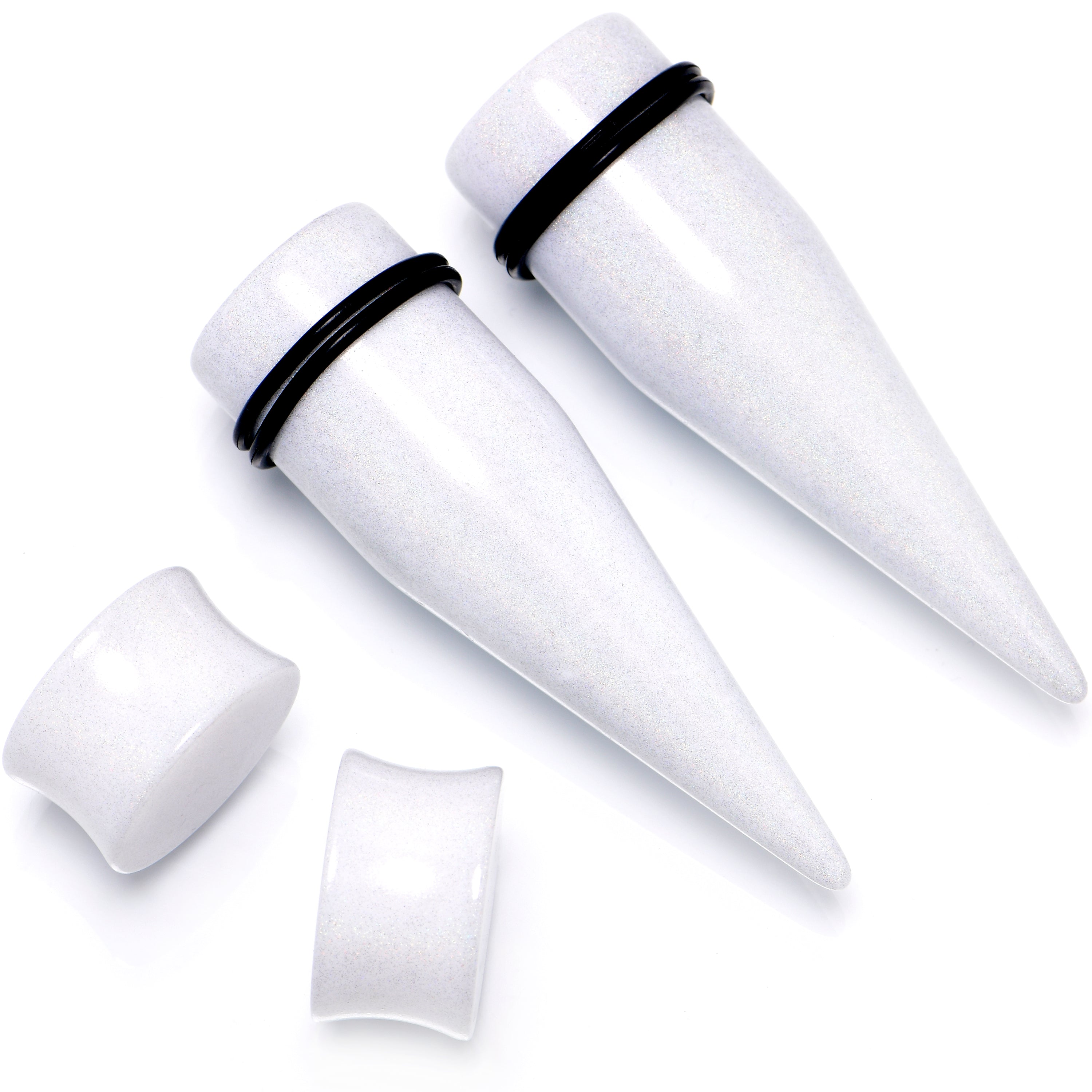 White Acrylic Shimmer Finish Taper Saddle Plug Set 6mm to 20mm Sizes