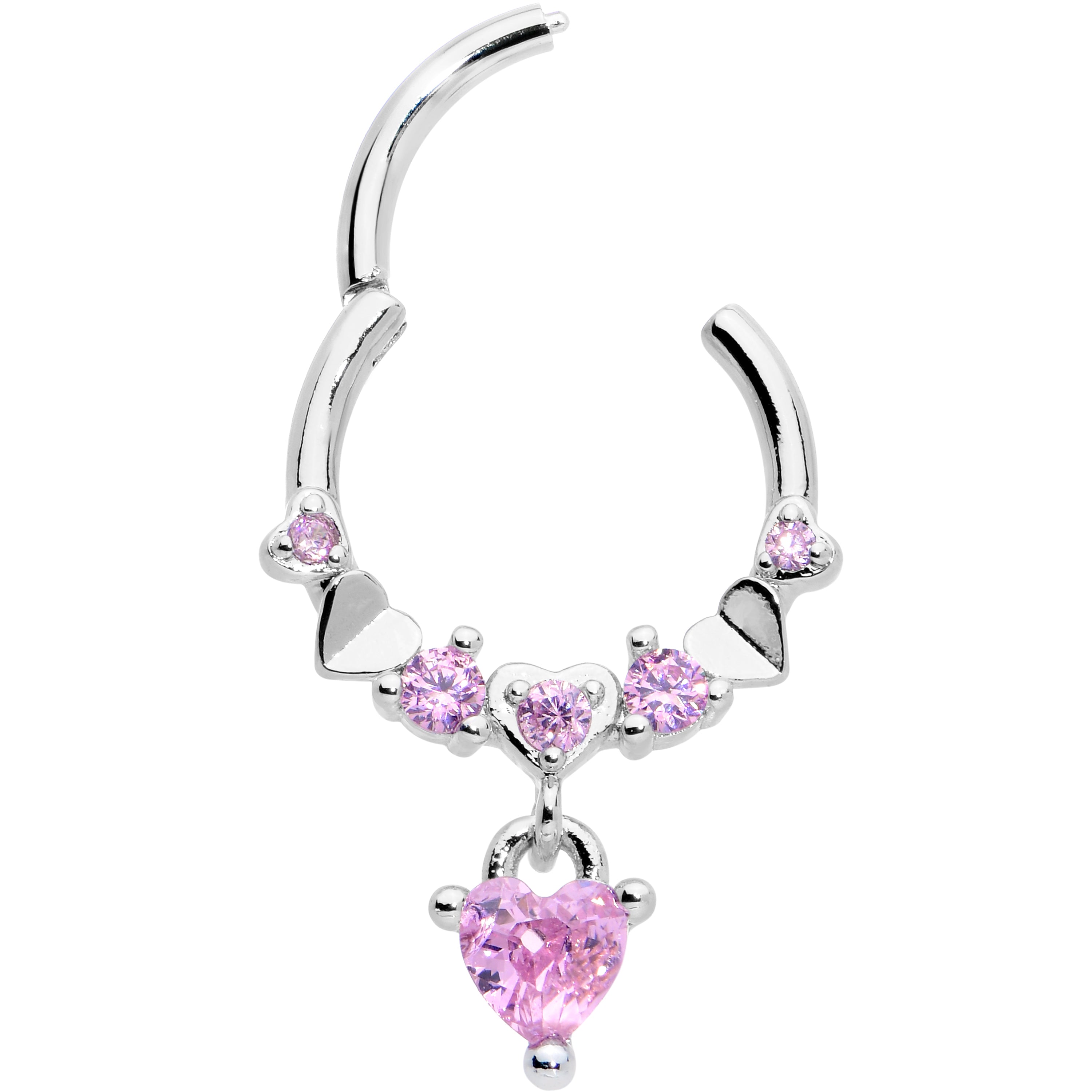 16 Gauge 3/8 Pink CZ Gem Love Heart Dangle Hinged Segment Ring