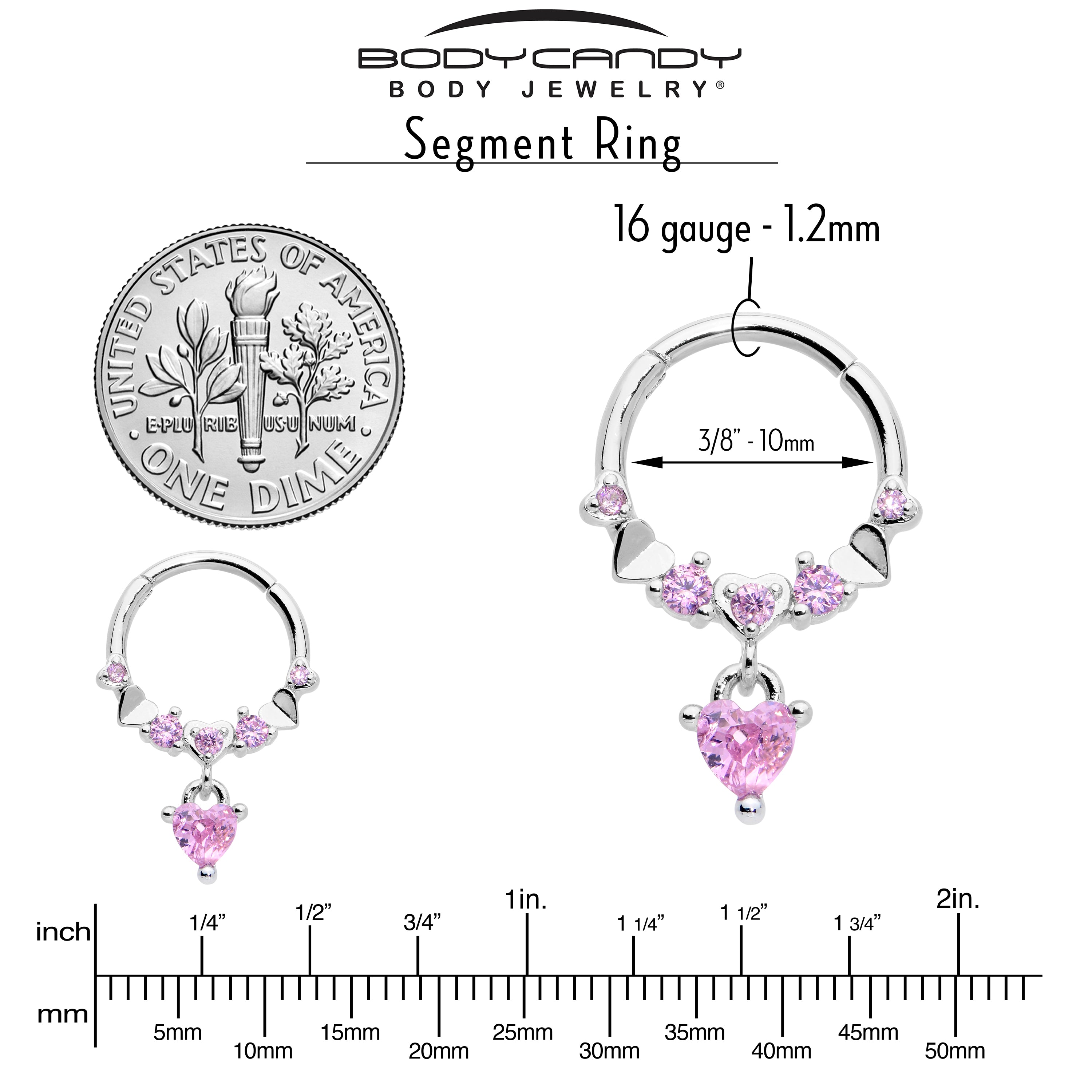 16 Gauge 3/8 Pink CZ Gem Love Heart Dangle Hinged Segment Ring