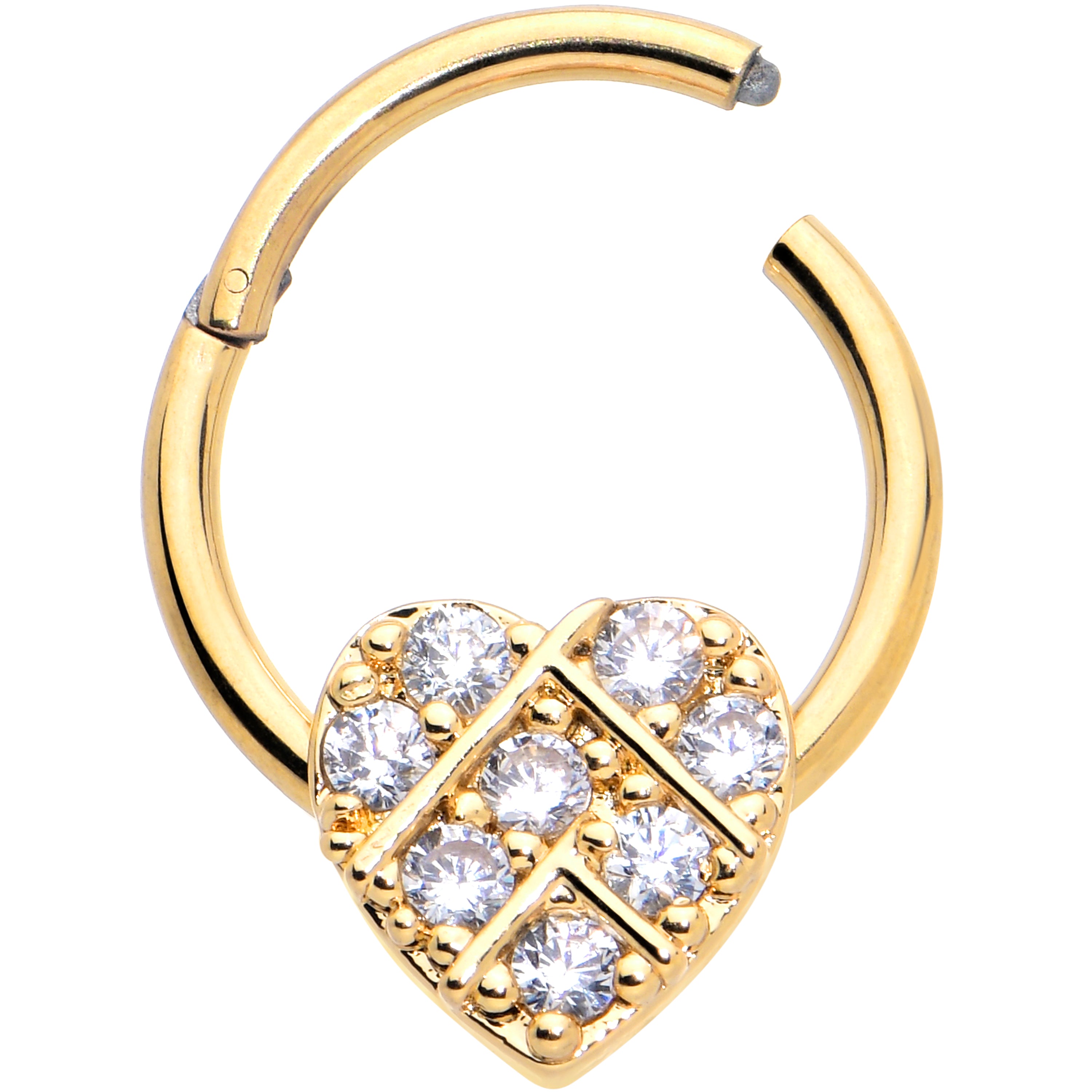 16 Gauge 3/8 Clear CZ Gem Gold Tone Lattice Heart Hinged Segment Ring