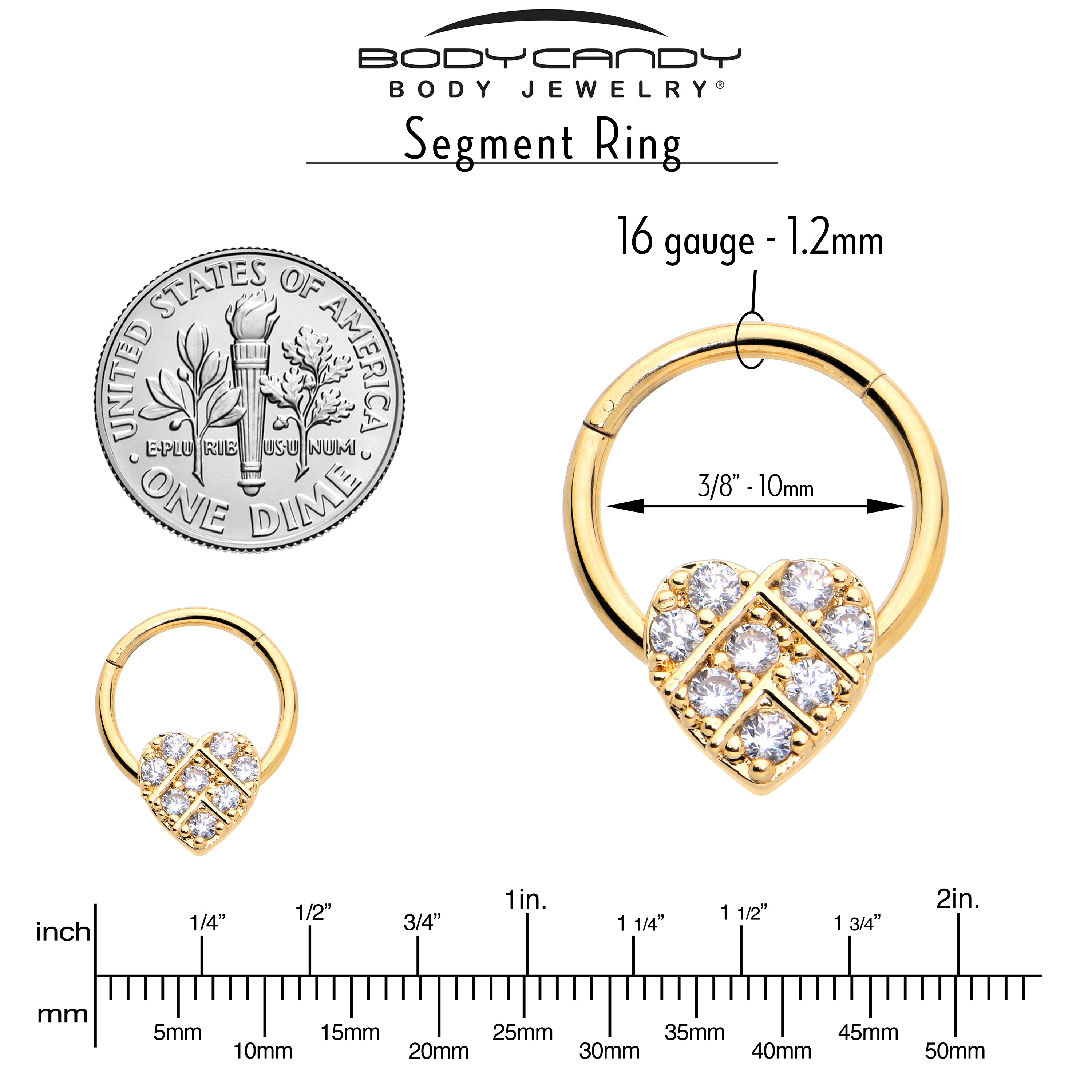 16 Gauge 3/8 Clear CZ Gem Gold Tone Lattice Heart Hinged Segment Ring