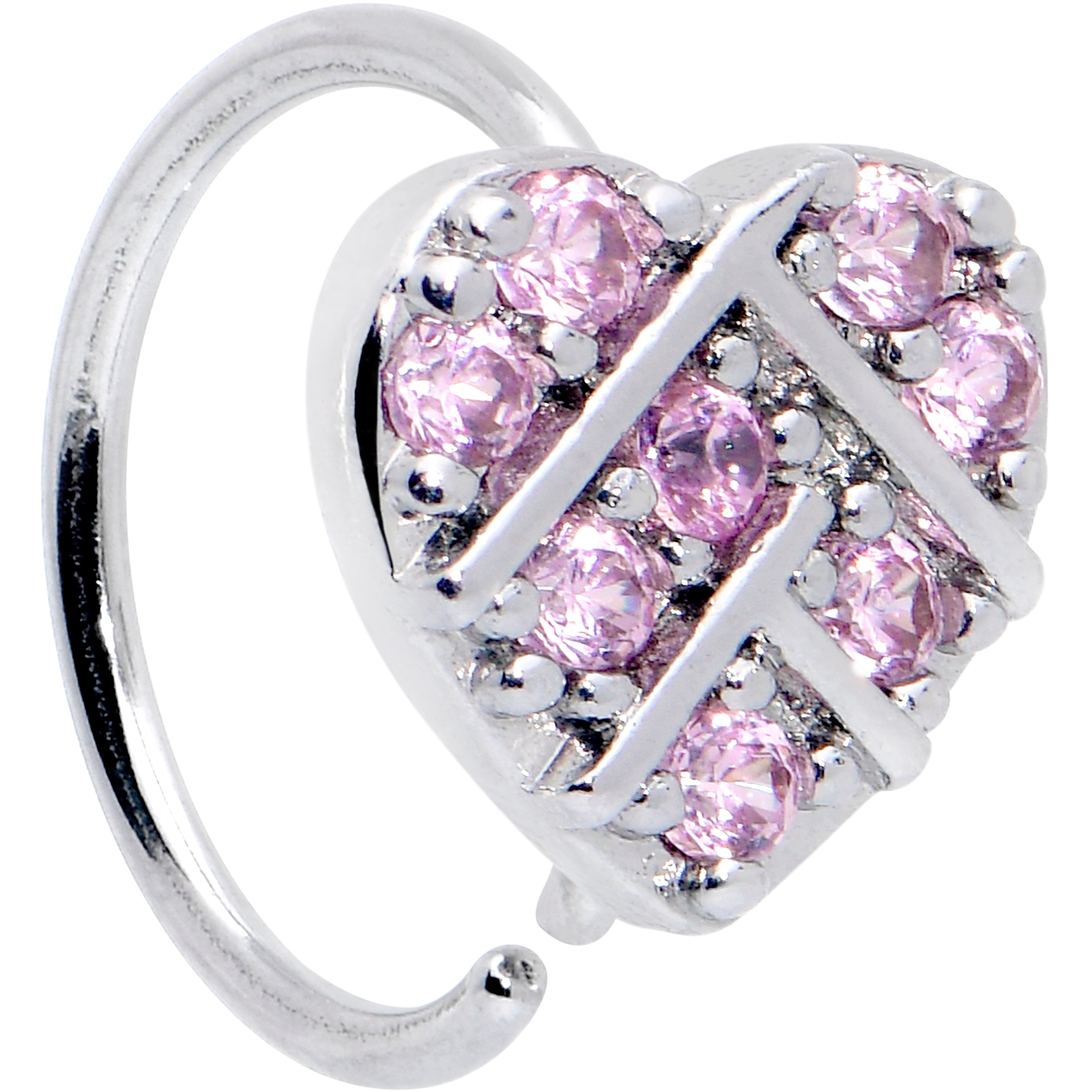 20 Gauge 5/16 Pink CZ Gem Lattice Heart Nose Hoop