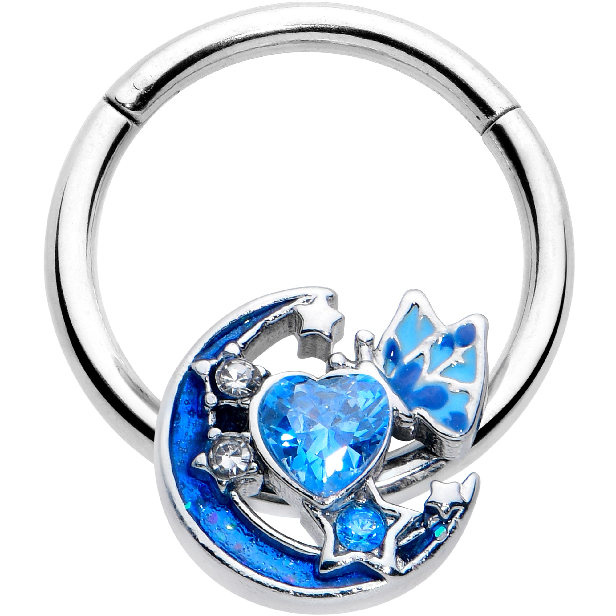 16 Gauge 3/8 Blue CZ Gem Butterfly Love Heart Hinged Segment Ring