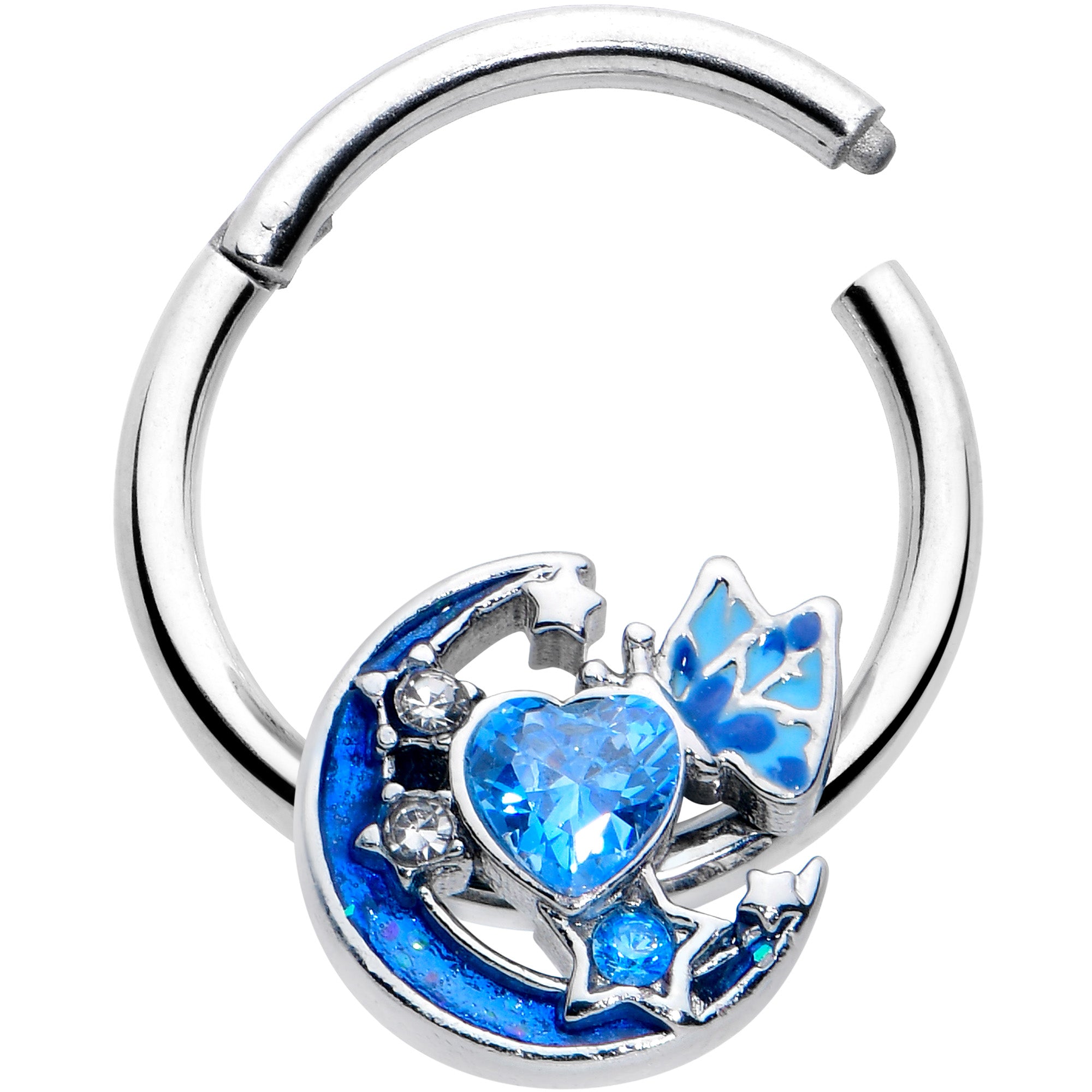 16 Gauge 3/8 Blue CZ Gem Butterfly Love Heart Hinged Segment Ring