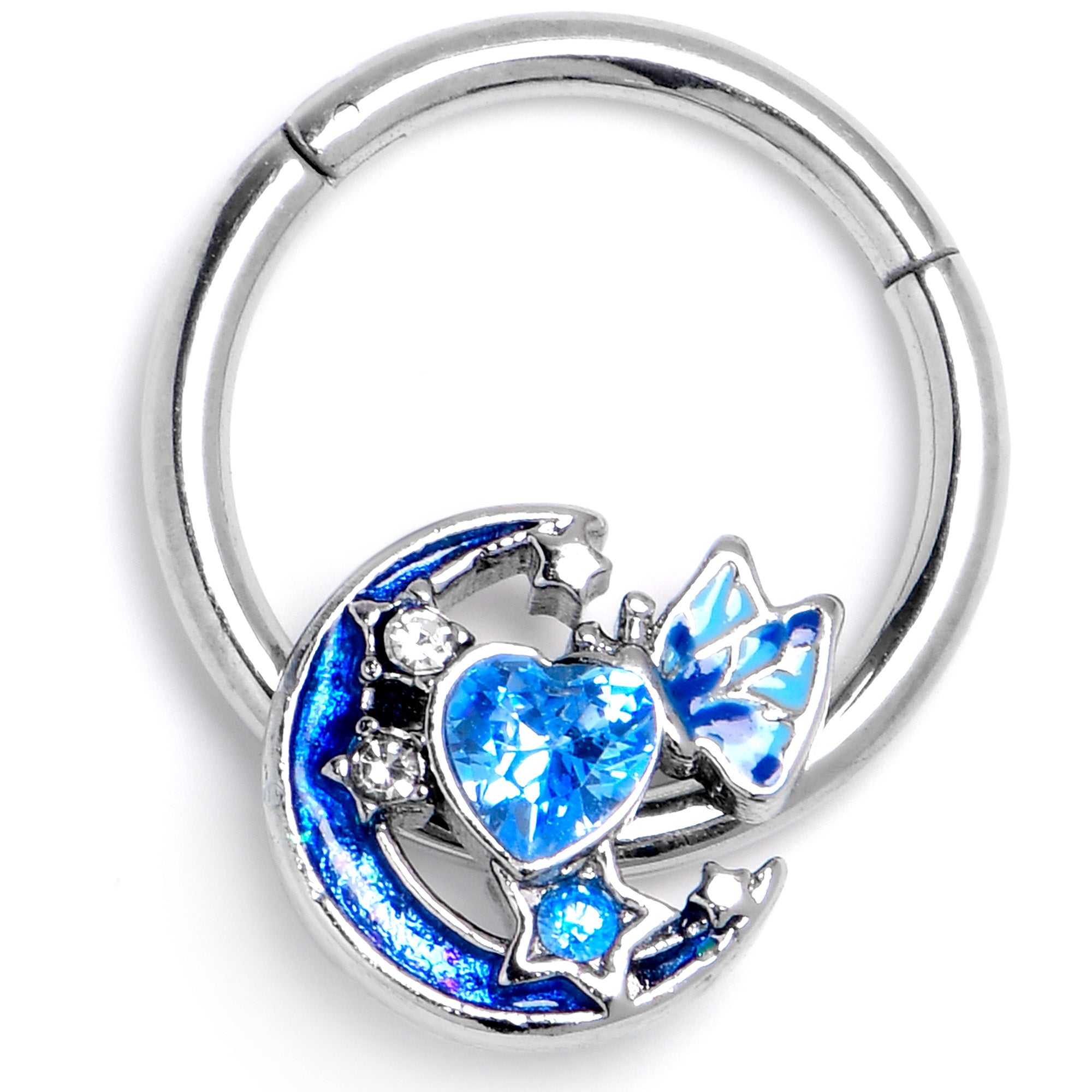 16 Gauge 3/8 Blue CZ Gem Butterfly Love Heart Hinged Segment Ring