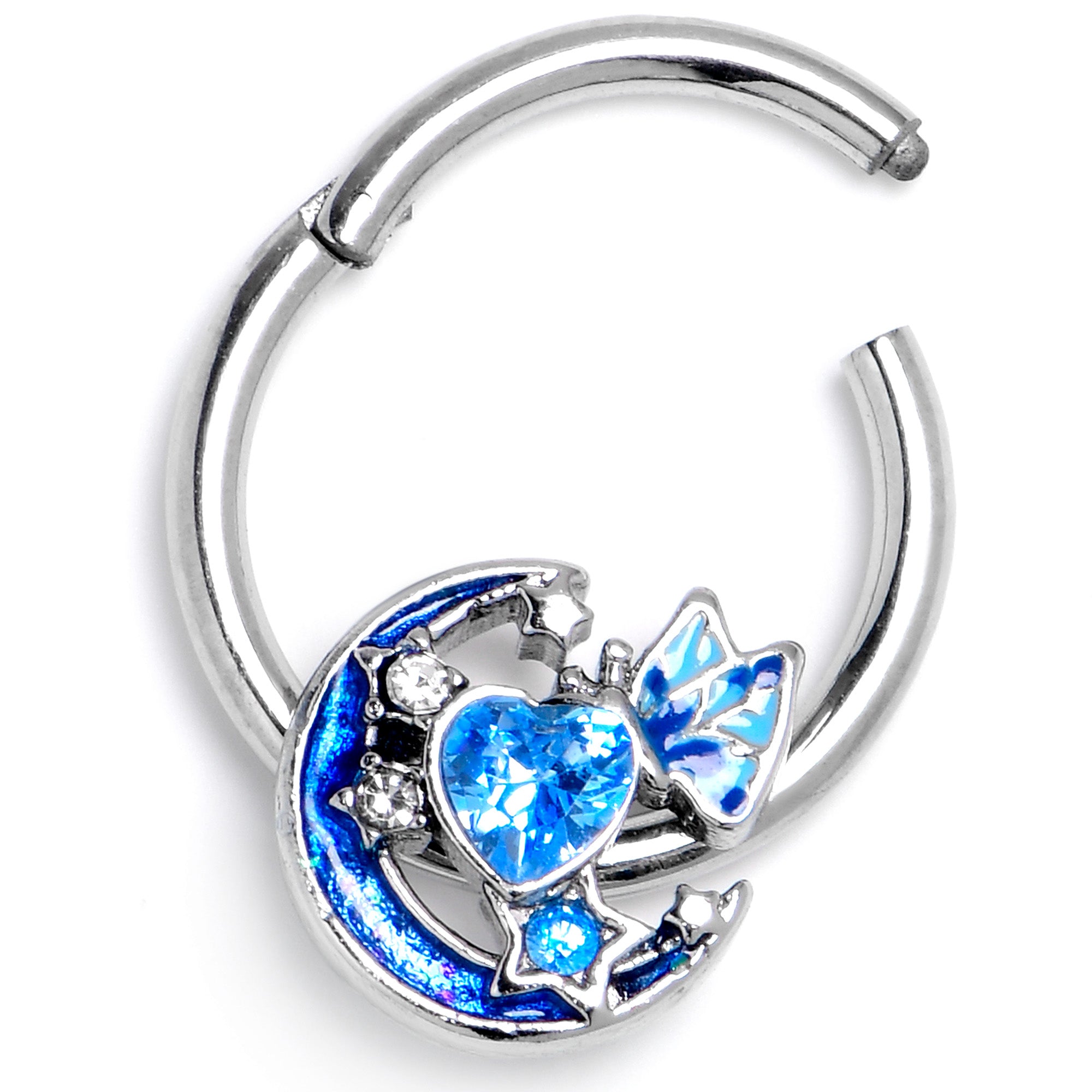 16 Gauge 3/8 Blue CZ Gem Butterfly Love Heart Hinged Segment Ring