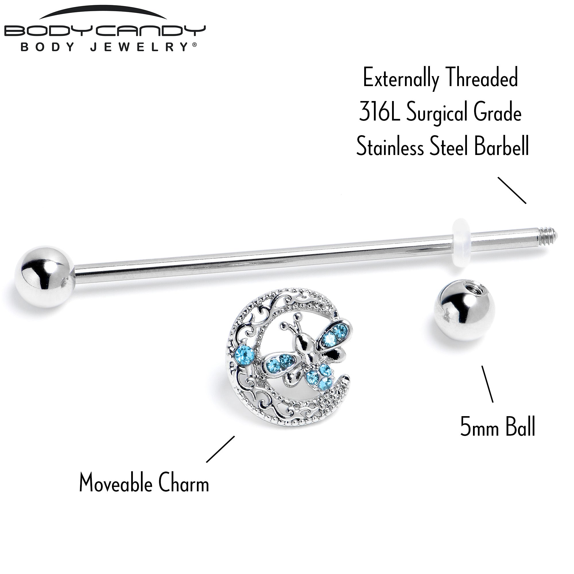 14 Gauge Blue Gem Lunar Dragonfly Industrial Barbell 38mm