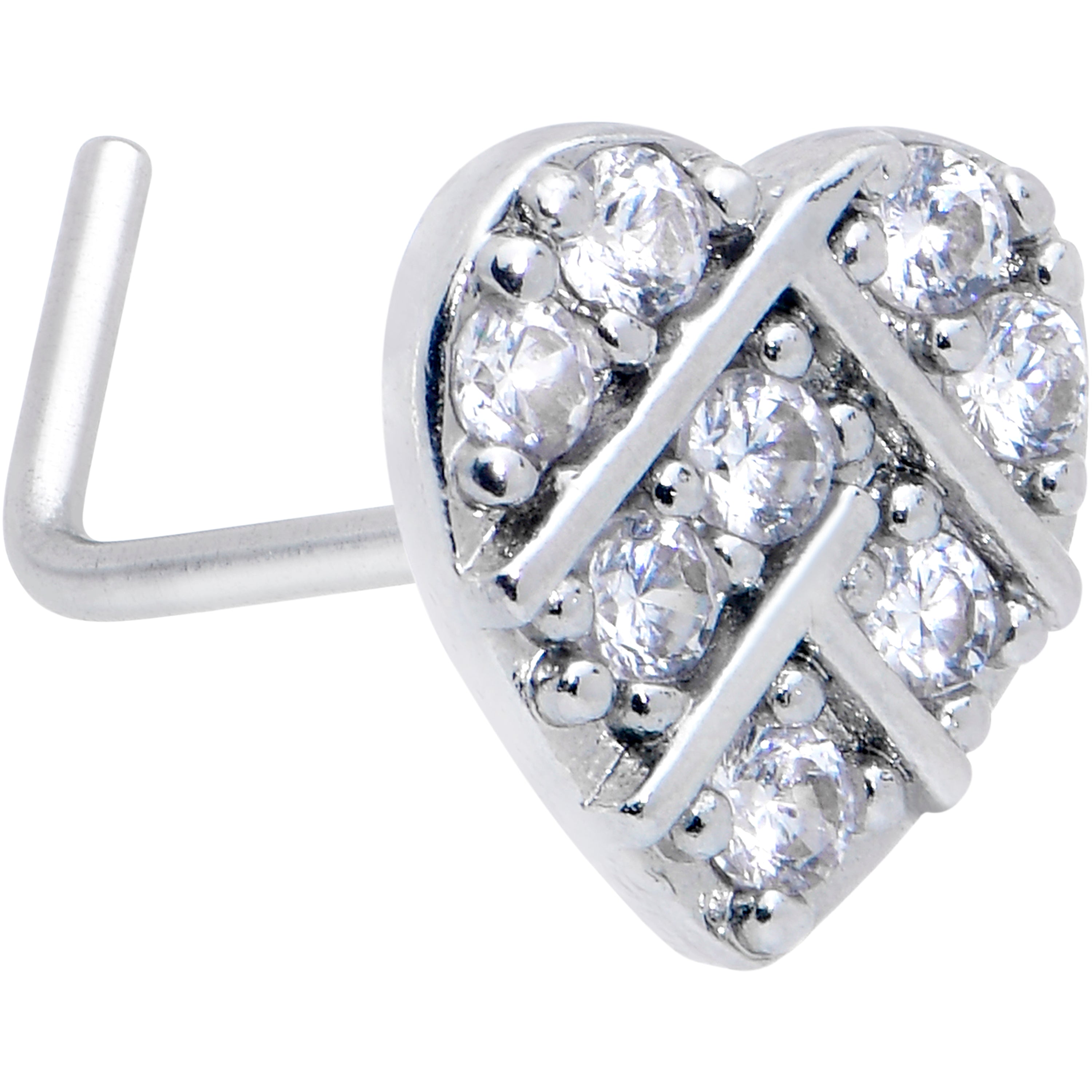 20 Gauge 7mm Clear CZ Gem Lattice Heart L Shape Nose Ring