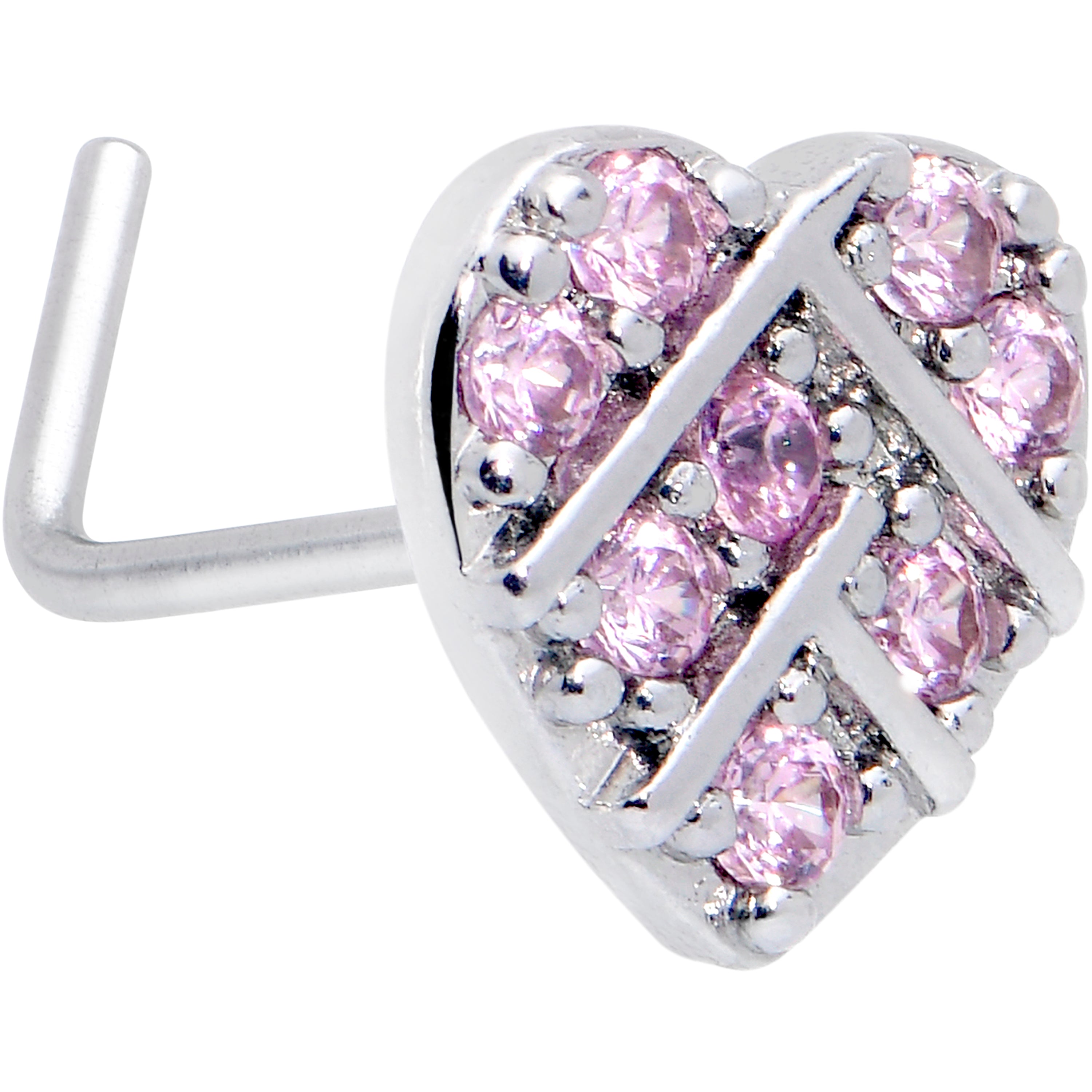 20 Gauge 7mm Pink CZ Gem Lattice Heart L Shape Nose Ring