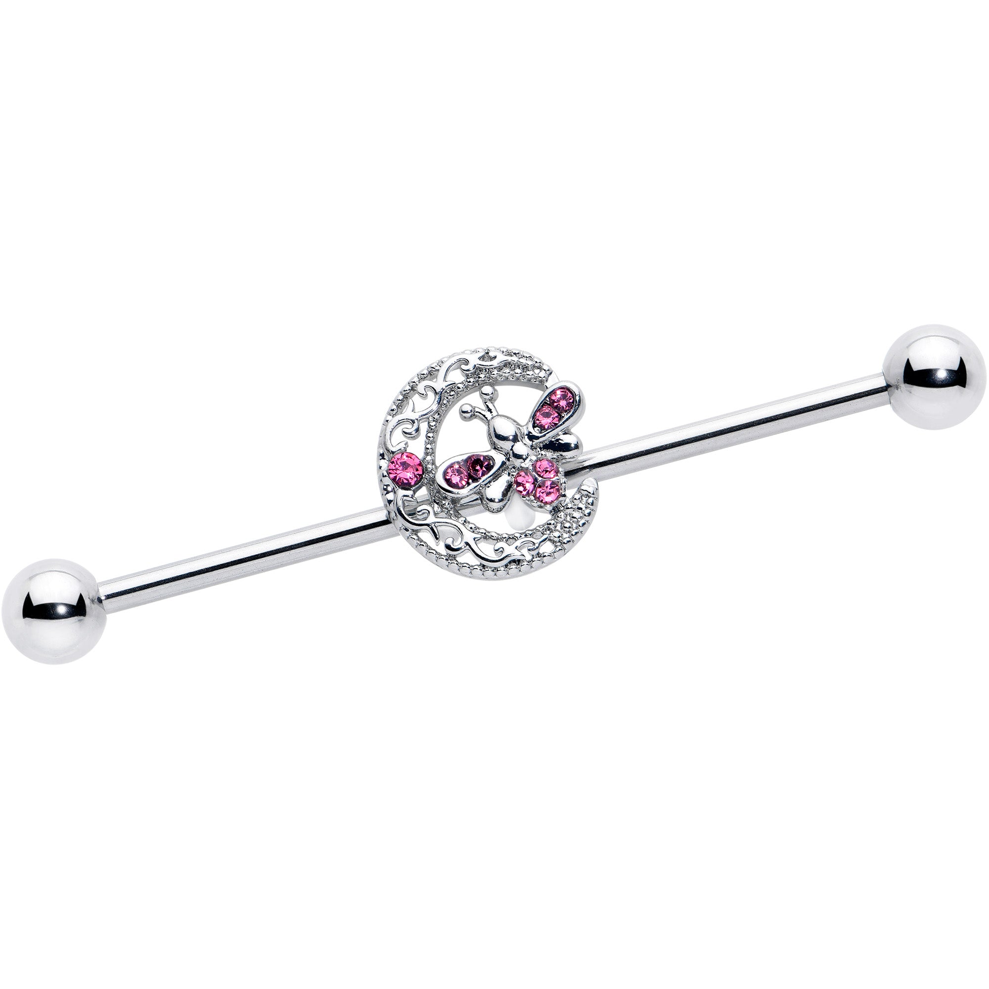 14 Gauge Pink Gem Lunar Dragonfly Industrial Barbell 38mm