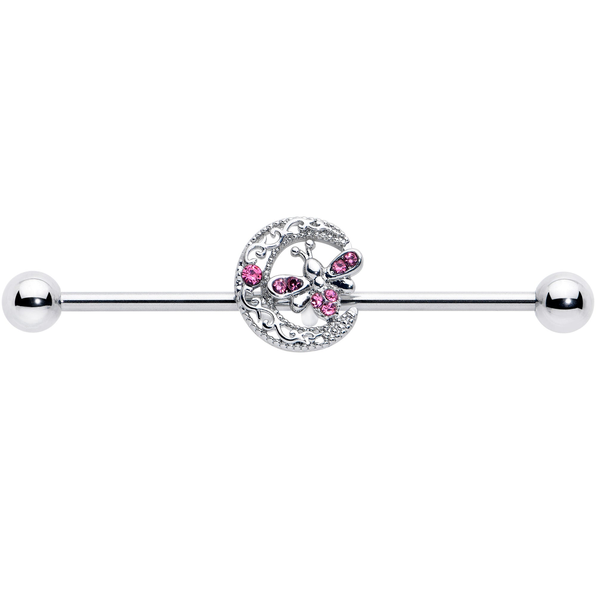 14 Gauge Pink Gem Lunar Dragonfly Industrial Barbell 38mm