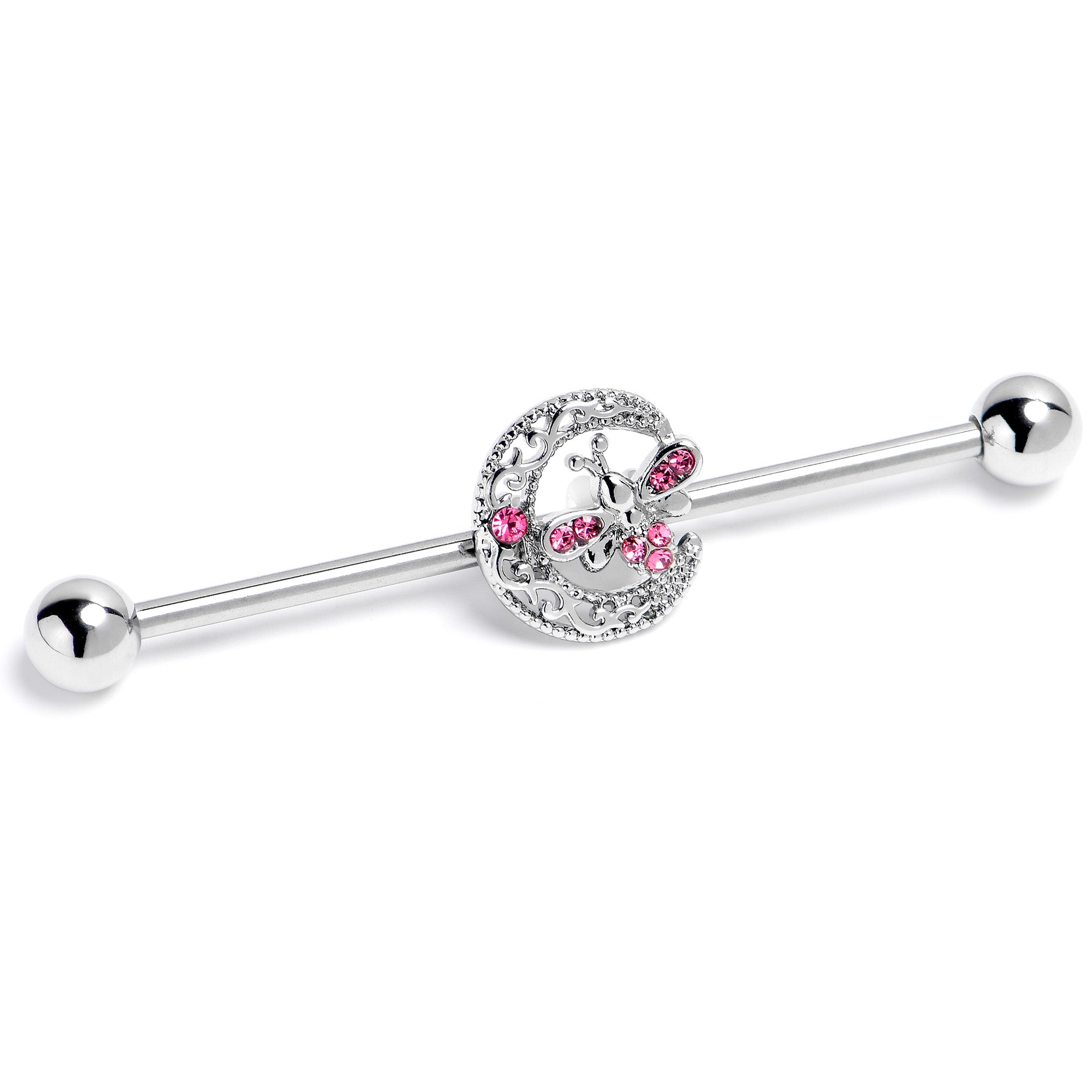 14 Gauge Pink Gem Lunar Dragonfly Industrial Barbell 38mm