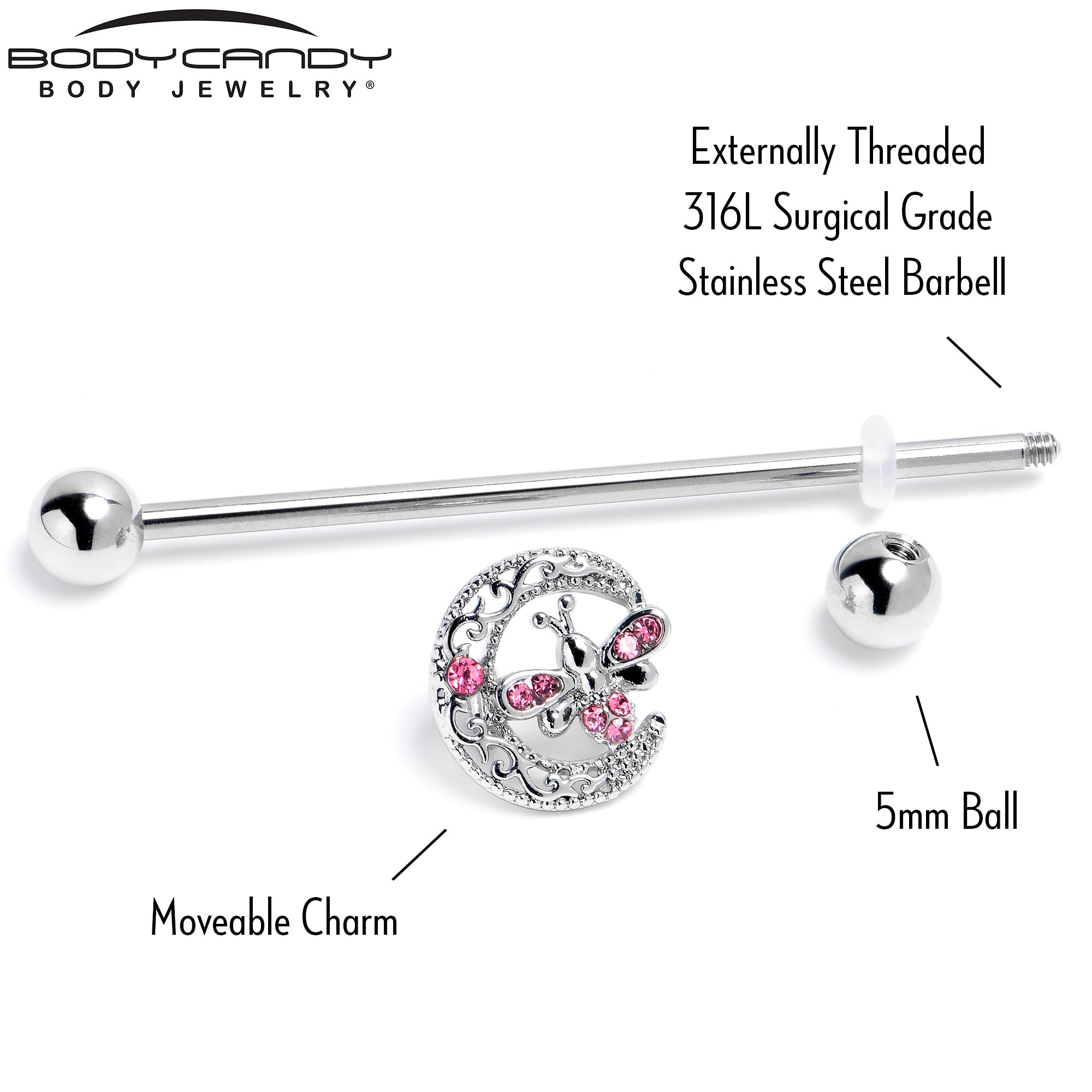 14 Gauge Pink Gem Lunar Dragonfly Industrial Barbell 38mm