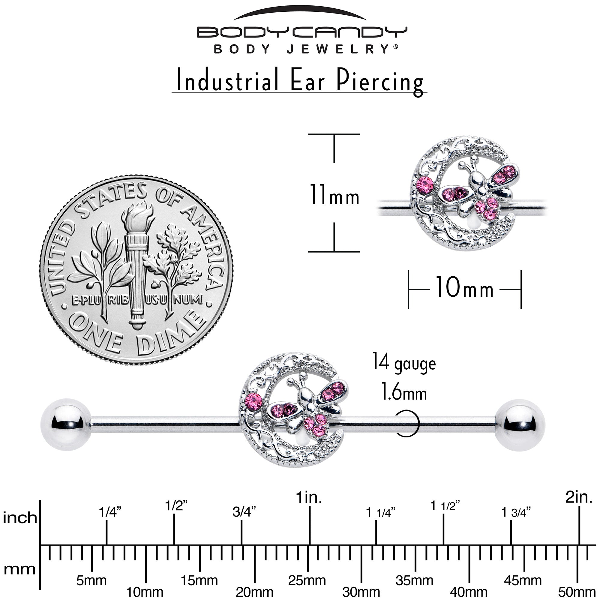 14 Gauge Pink Gem Lunar Dragonfly Industrial Barbell 38mm