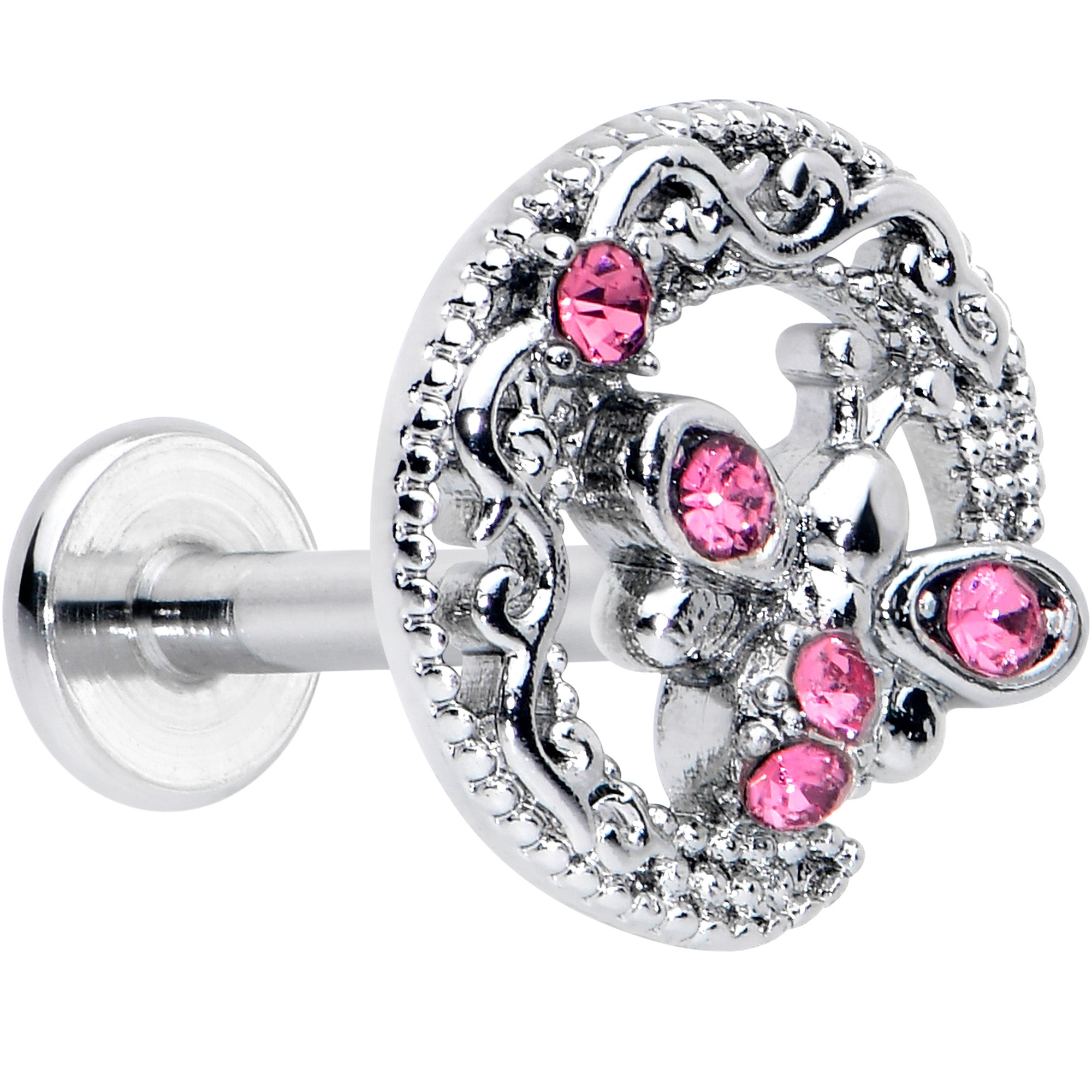 16 Gauge 5/16 Pink Gem Lunar Dragonfly Internally Threaded Labret Tragus