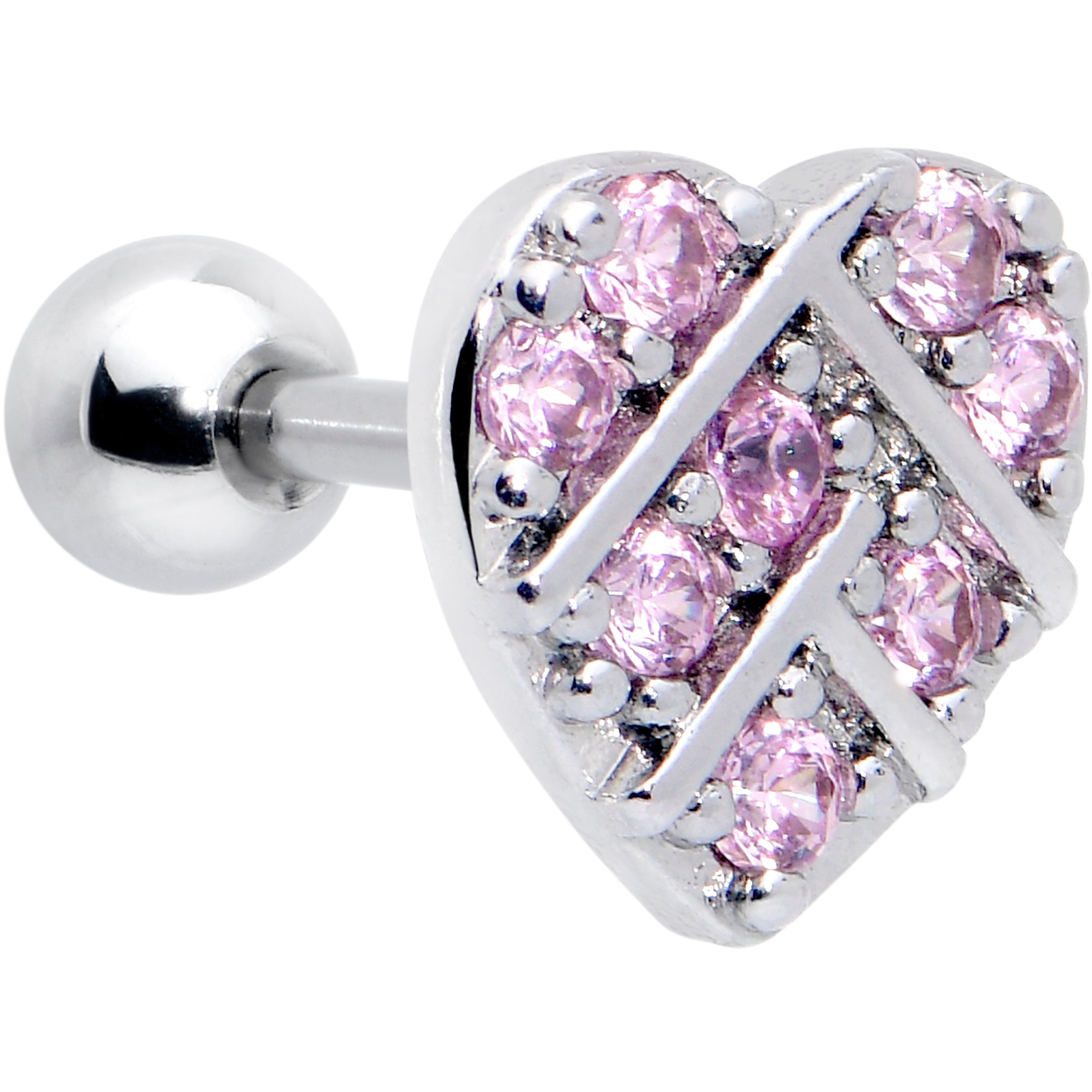 16 Gauge 1/4 Pink CZ Gem Lattice Heart Cartilage Tragus Earring