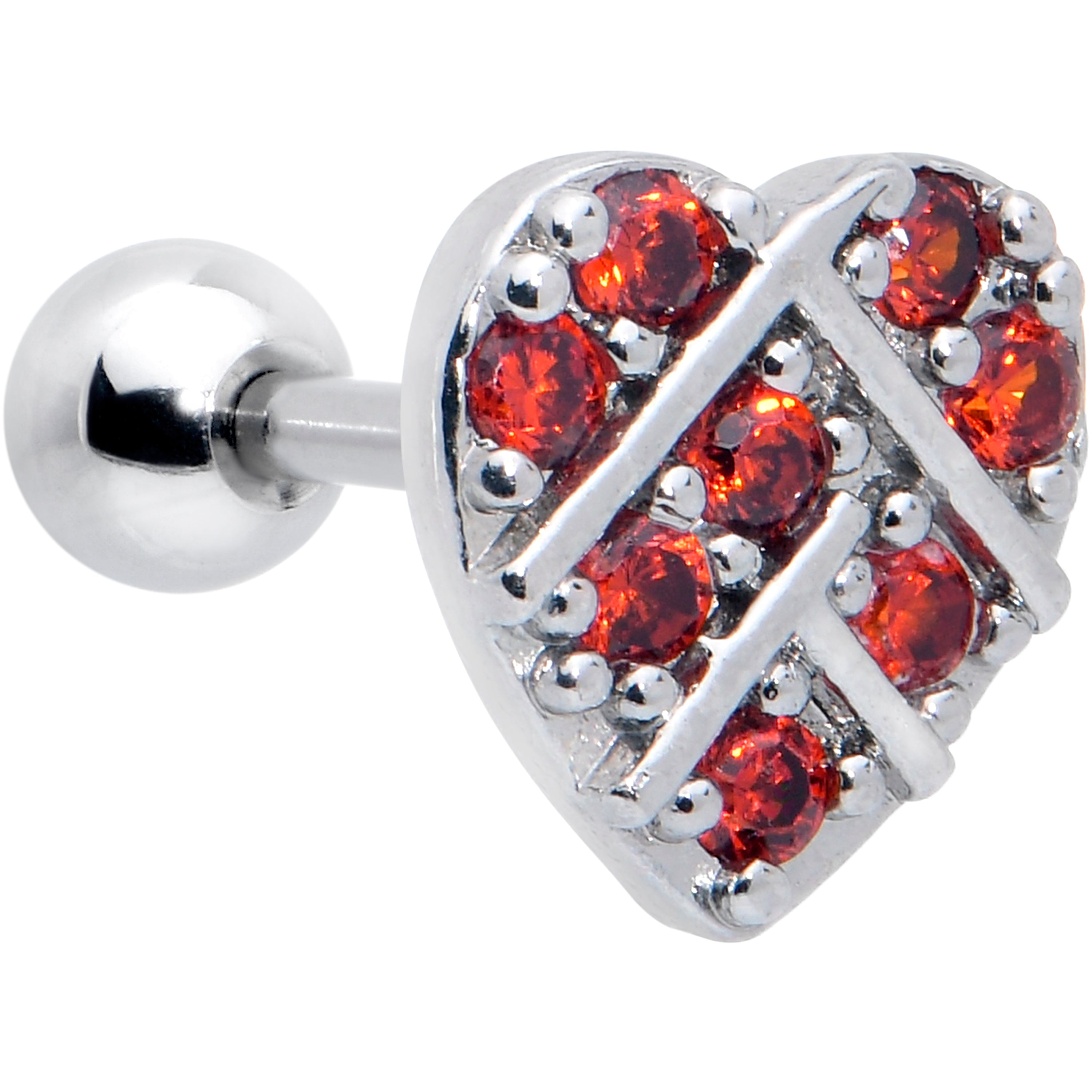 16 Gauge 1/4 Red CZ Gem Lattice Heart Cartilage Tragus Earring