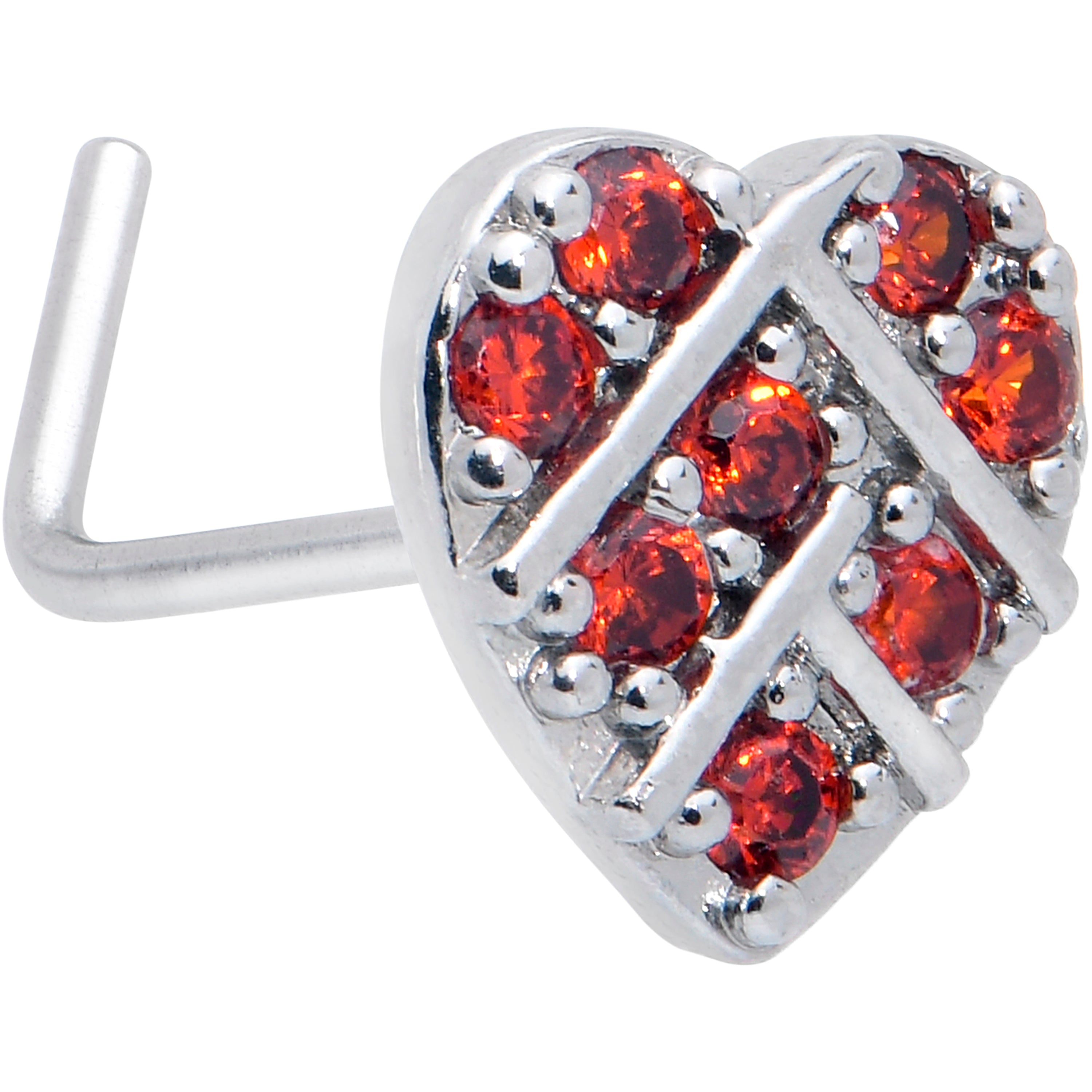 20 Gauge 7mm Red CZ Gem Lattice Heart L Shape Nose Ring