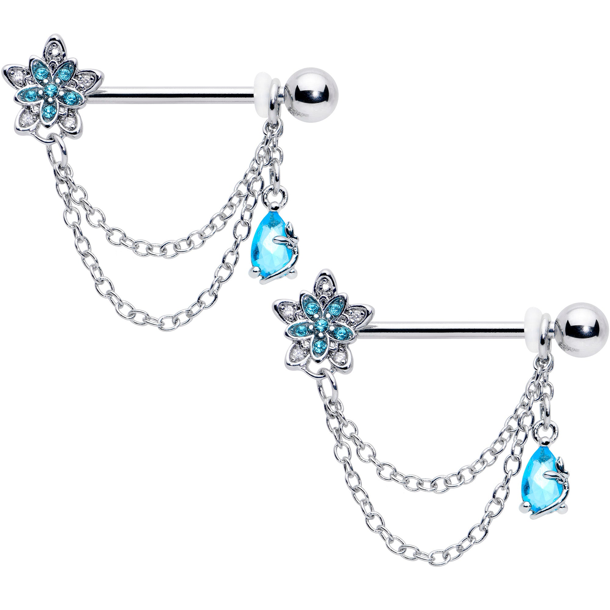 14 Gauge 9/16 Blue CZ Gem Snowflake Flower Chain Dangle Nipple Ring Set