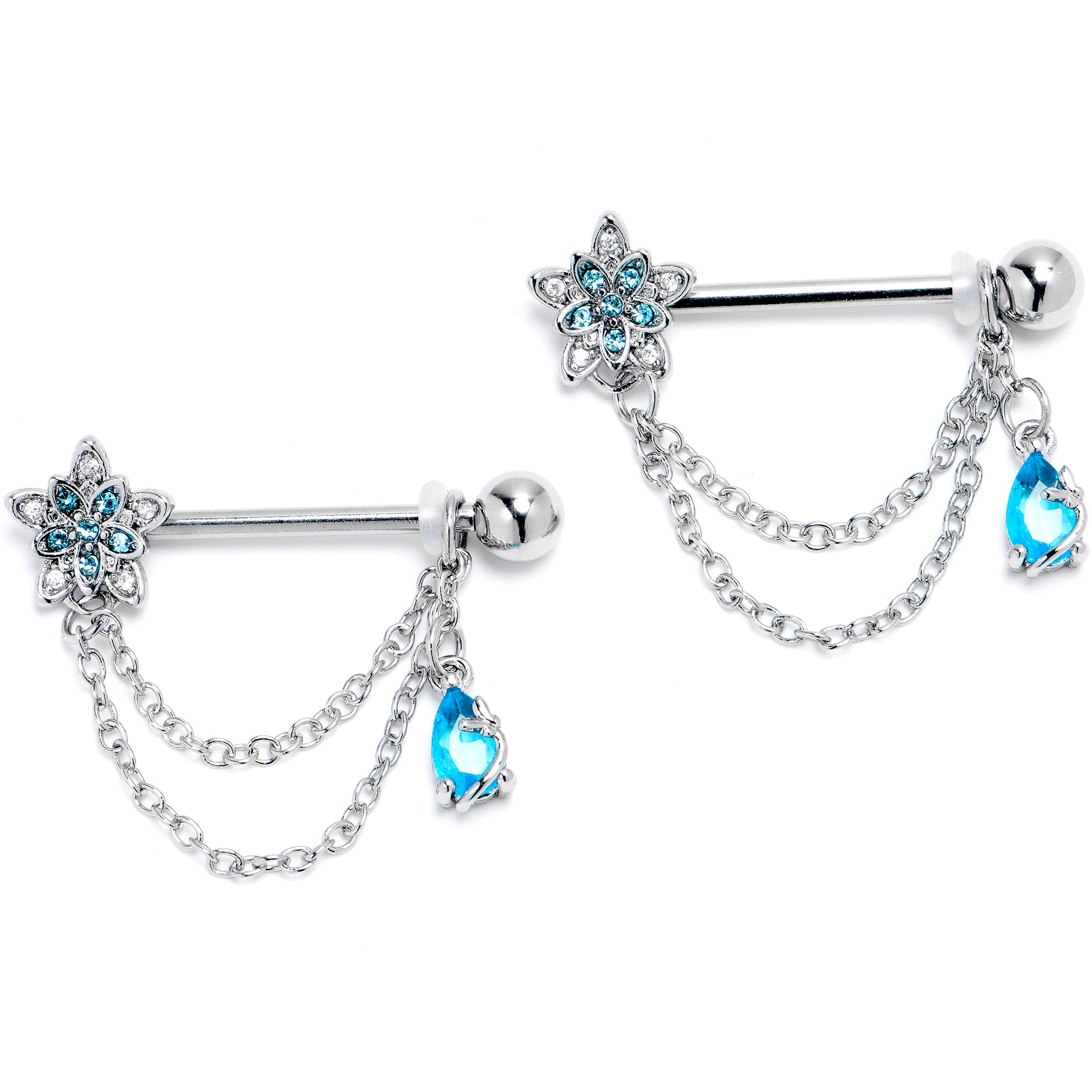 14 Gauge 9/16 Blue CZ Gem Snowflake Flower Chain Dangle Nipple Ring Set