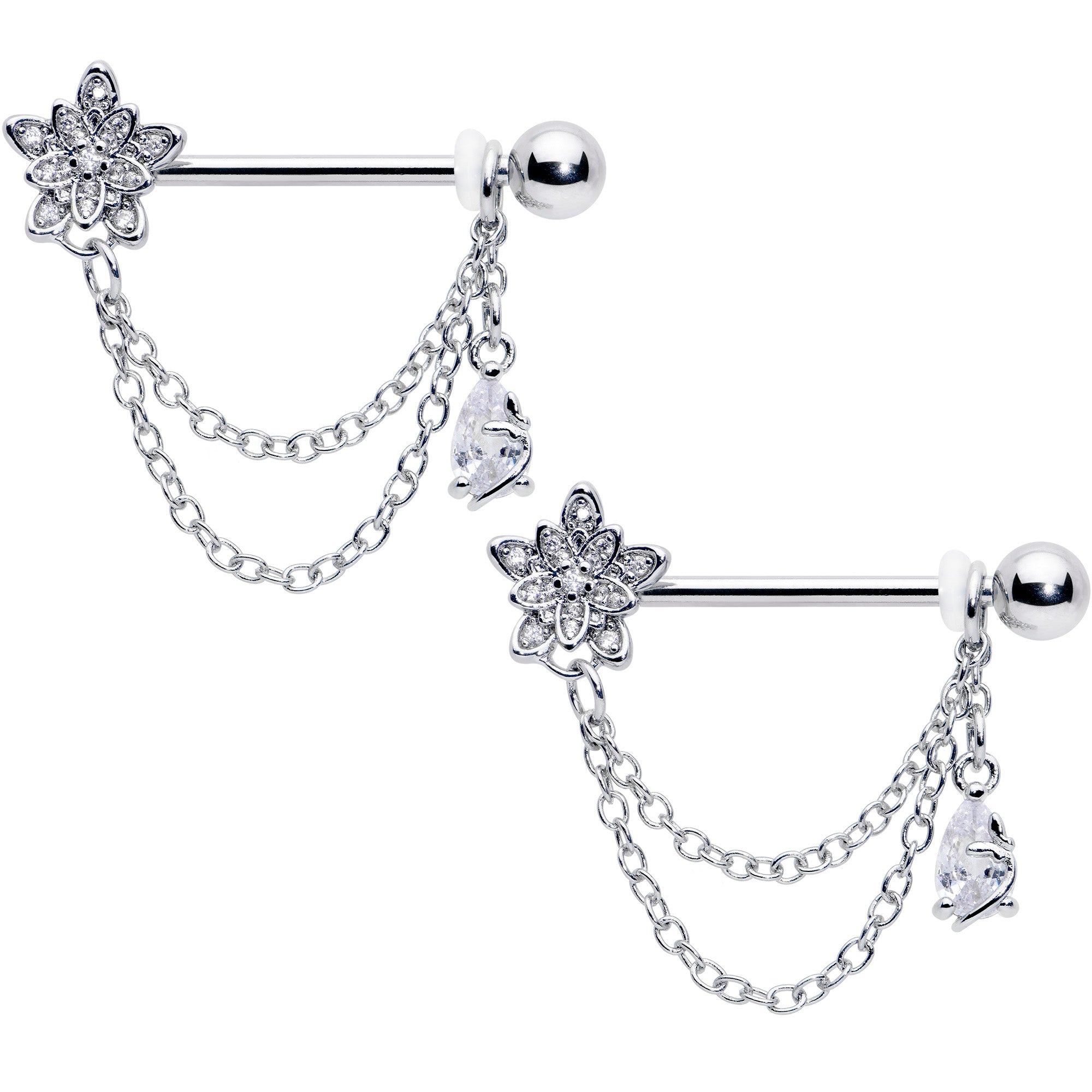 14 Gauge 9/16 Clear CZ Gem Snowflake Flower Chain Dangle Nipple Ring Set