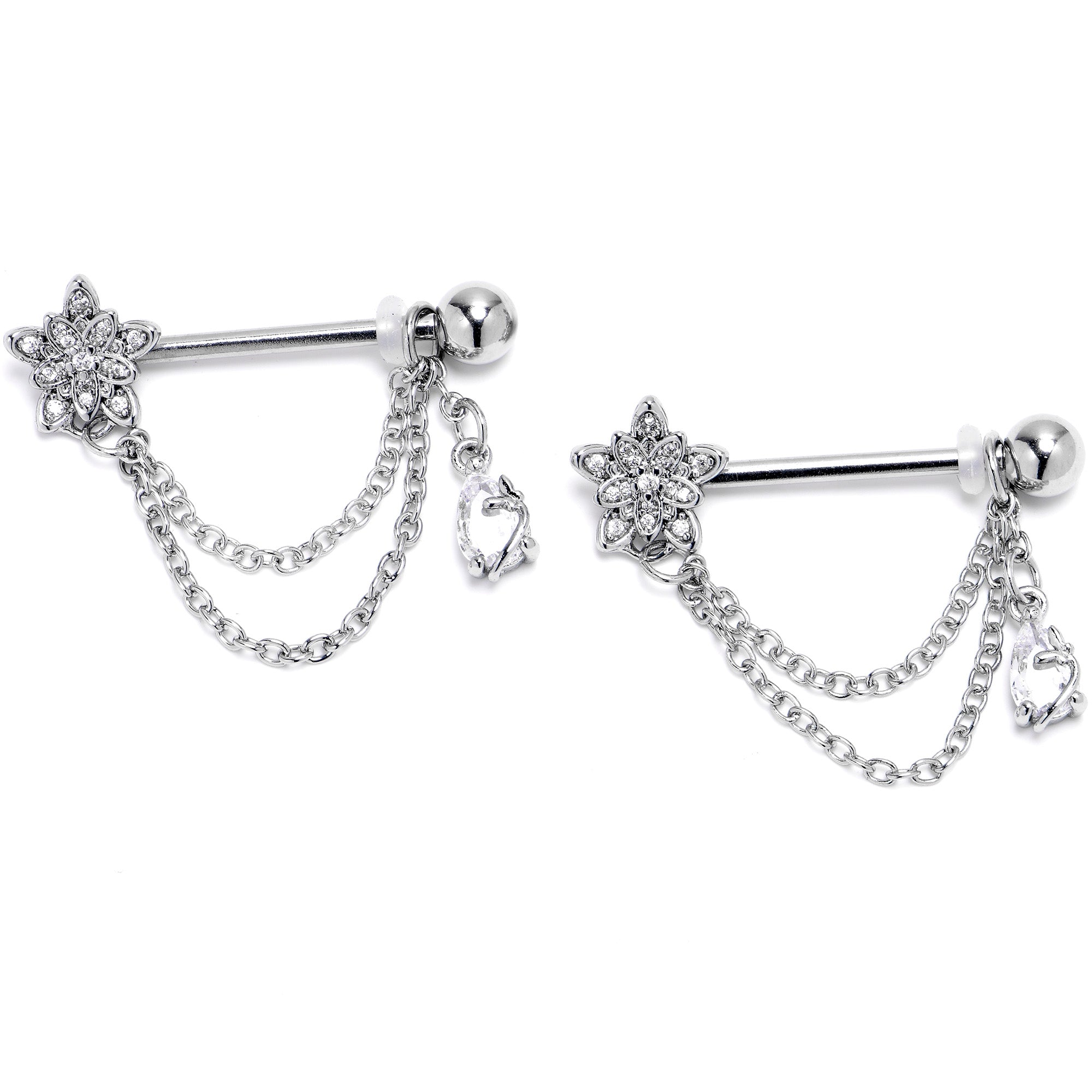 14 Gauge 9/16 Clear CZ Gem Snowflake Flower Chain Dangle Nipple Ring Set