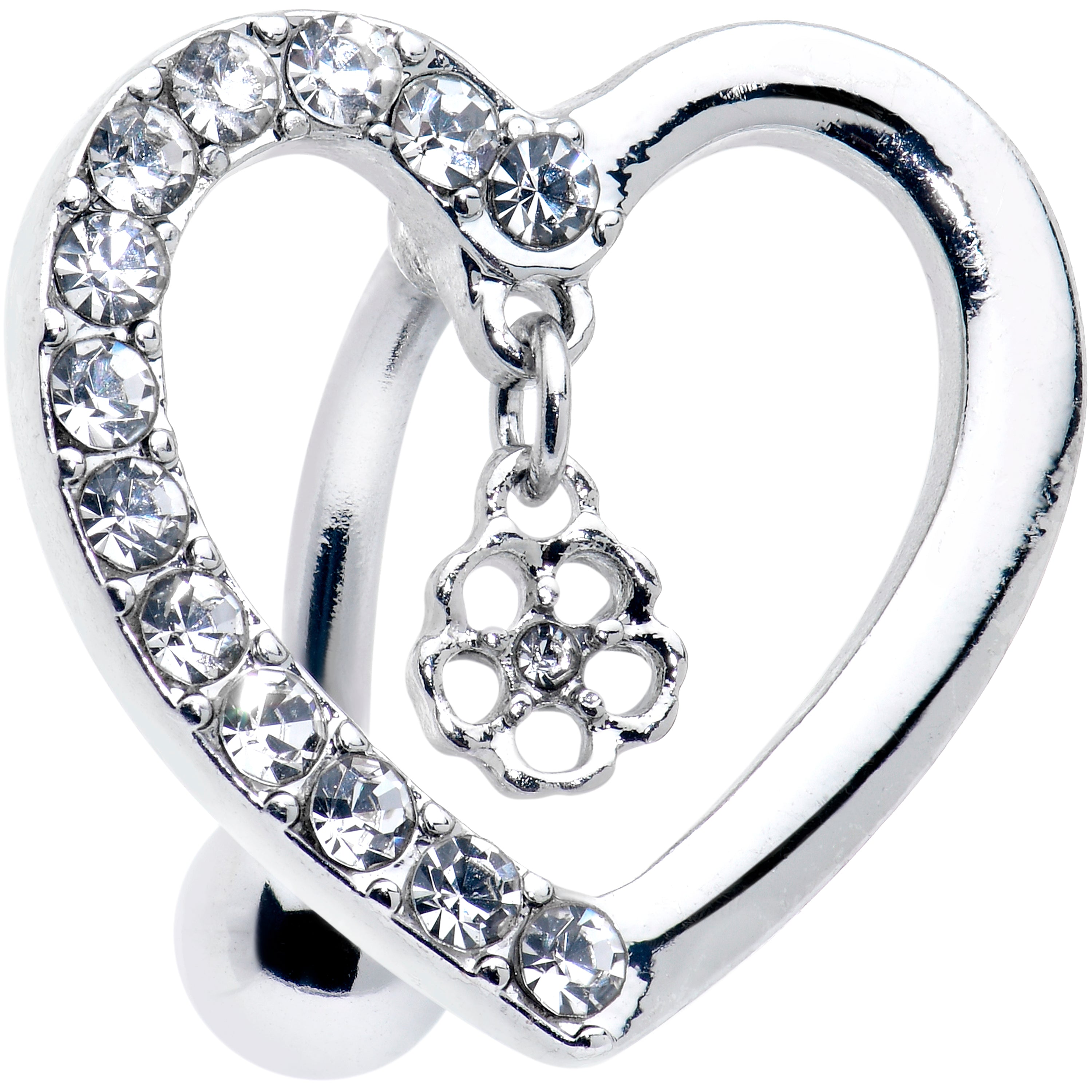 Clear CZ Gem Asymmetrical Heart Flower Dangle Top Mount Belly Ring