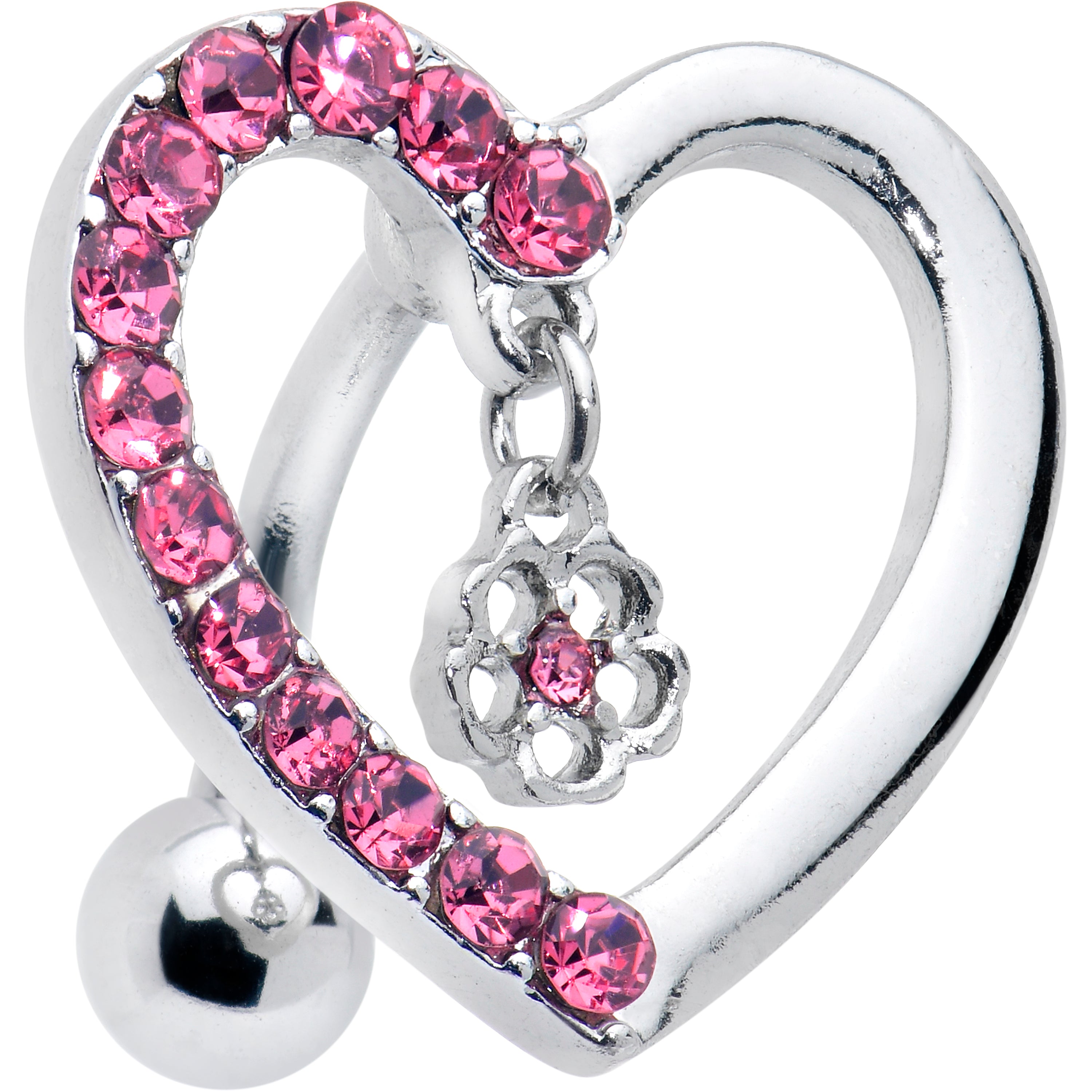 Pink CZ Gem Asymmetrical Heart Flower Dangle Top Mount Belly Ring