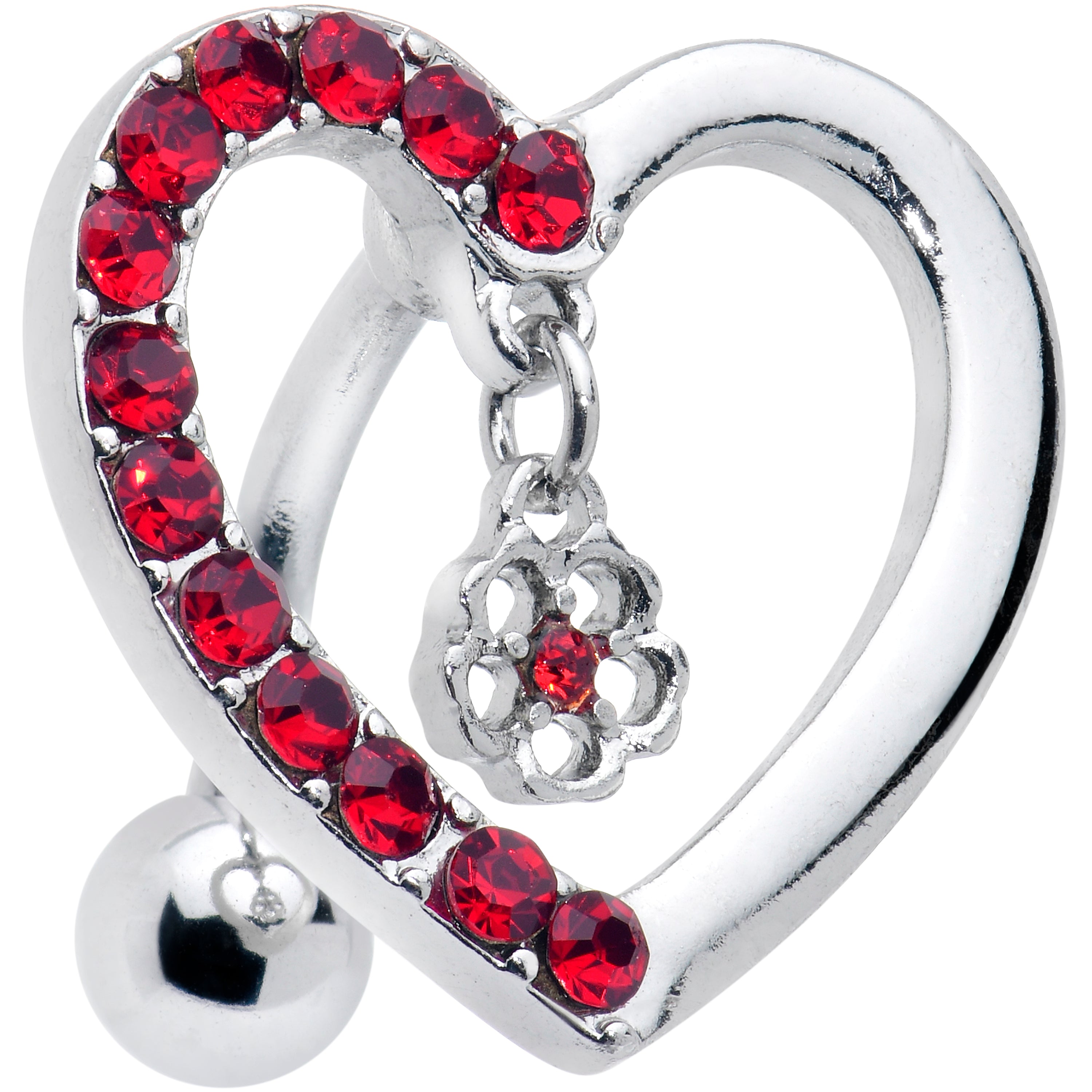 Red CZ Gem Asymmetrical Heart Flower Dangle Top Mount Belly Ring