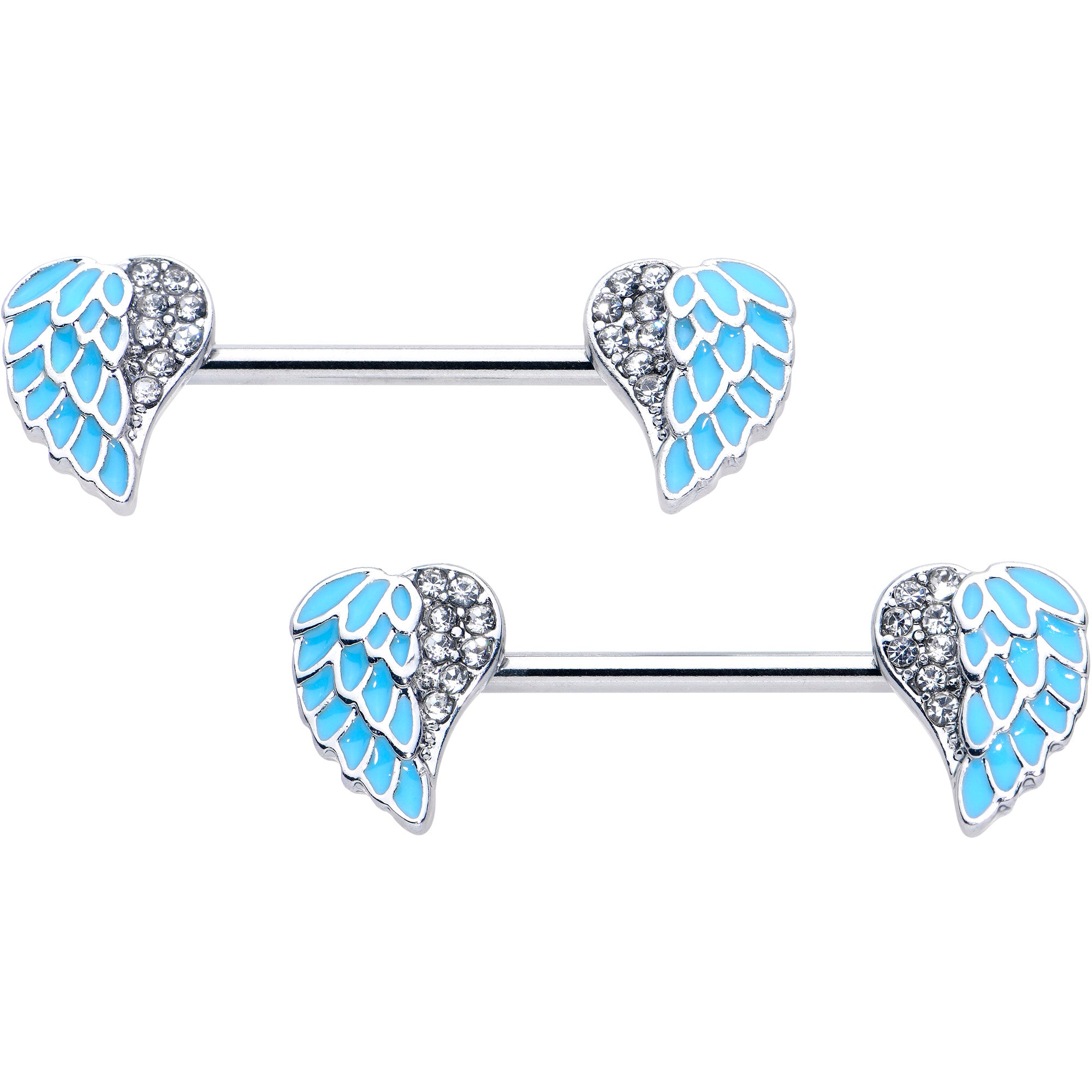 14 Gauge 9/16 Blue Heavenly Heart Angel Wings Barbell Nipple Ring Set