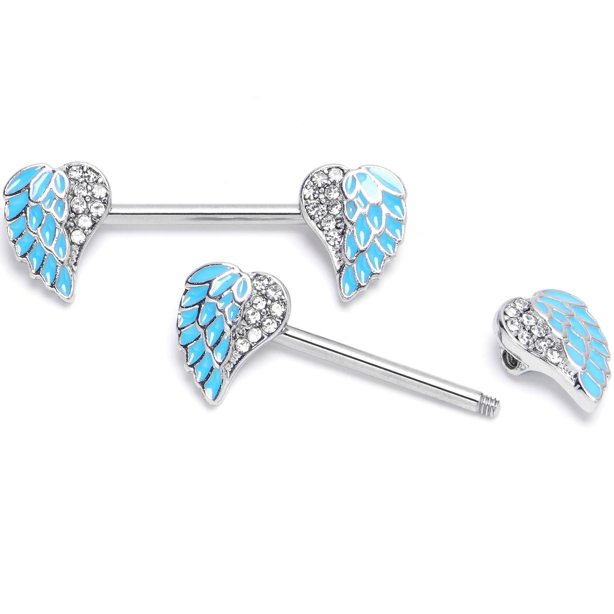 14 Gauge 9/16 Blue Heavenly Heart Angel Wings Barbell Nipple Ring Set