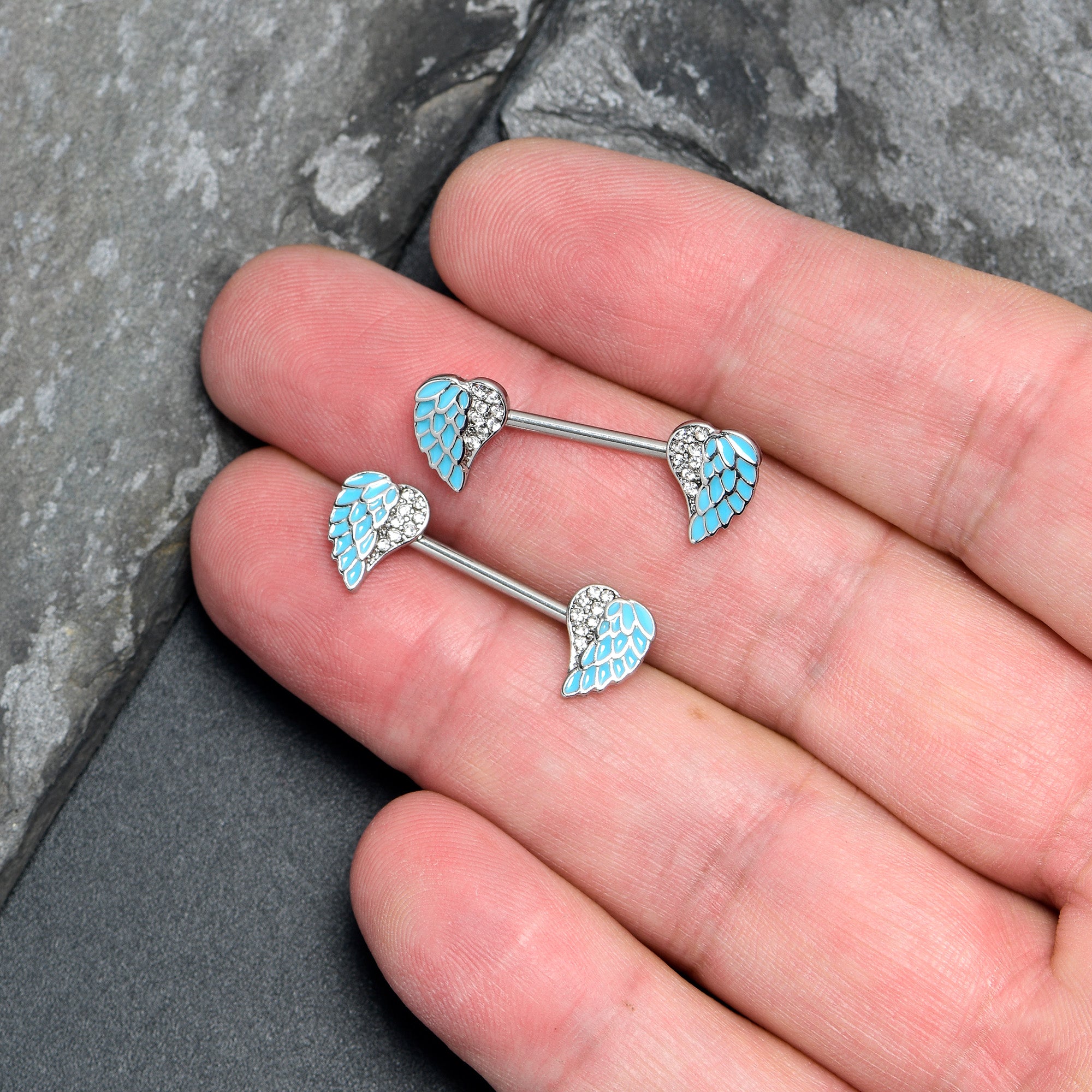 14 Gauge 9/16 Blue Heavenly Heart Angel Wings Barbell Nipple Ring Set