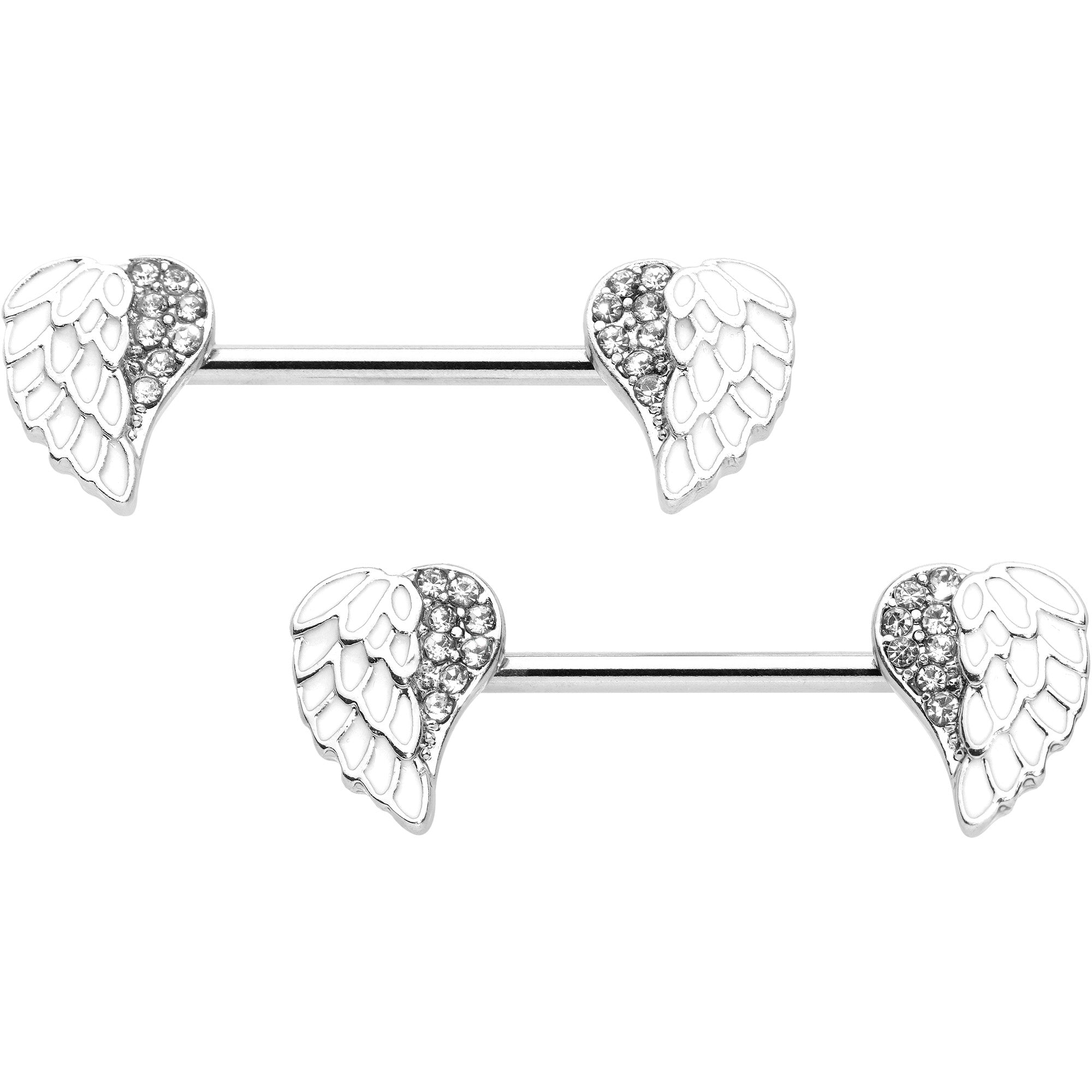 14 Gauge 9/16 White Heavenly Heart Angel Wings Barbell Nipple Ring Set