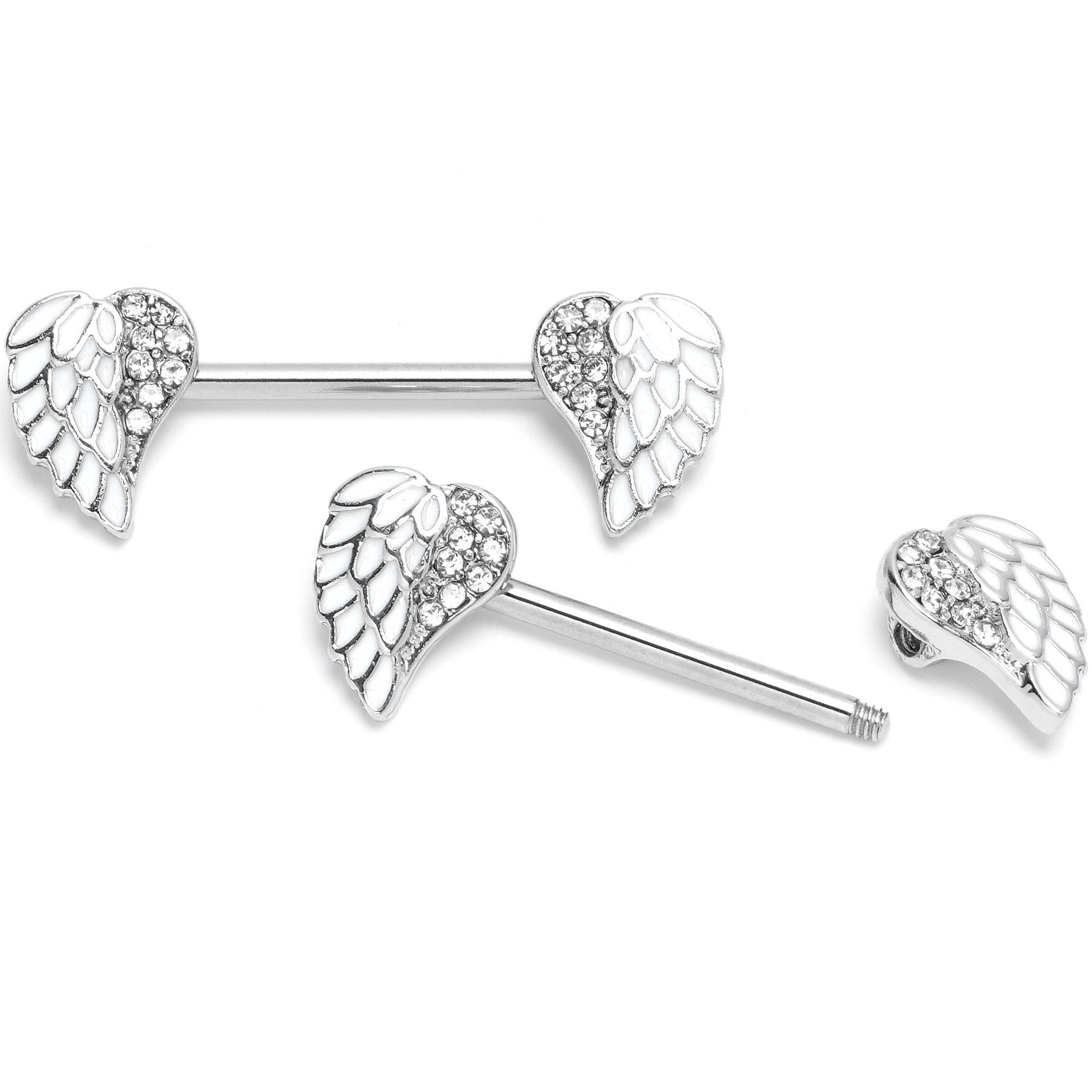 14 Gauge 9/16 White Heavenly Heart Angel Wings Barbell Nipple Ring Set