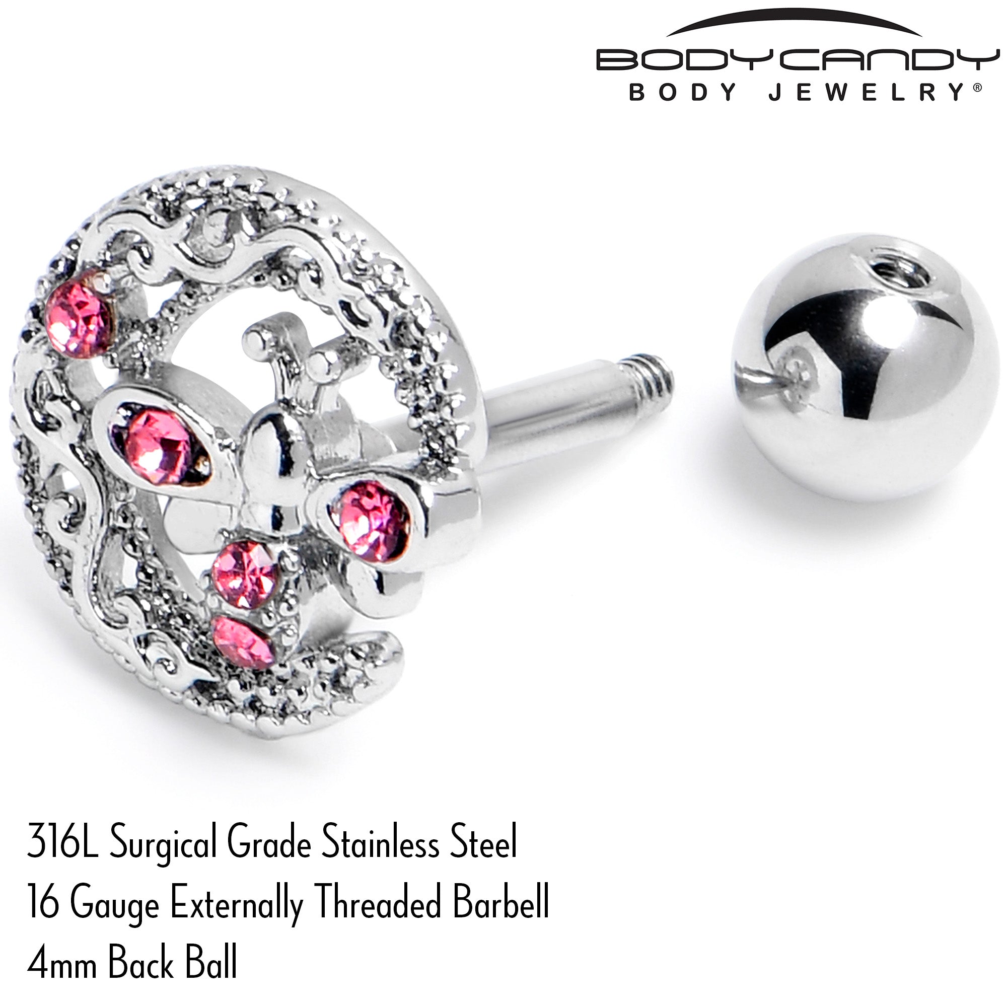 16 Gauge 1/4 Pink Gem Lunar Dragonfly Cartilage Tragus Earring