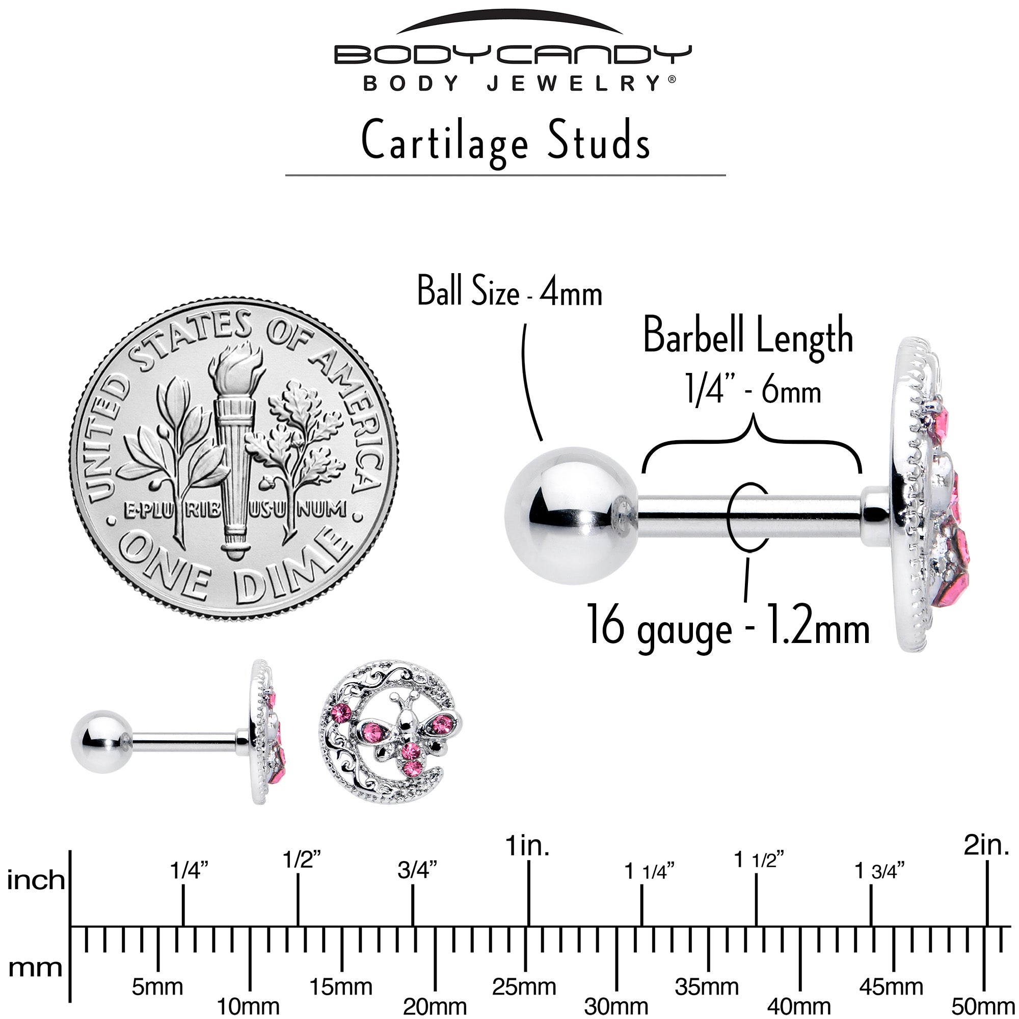 16 Gauge 1/4 Pink Gem Lunar Dragonfly Cartilage Tragus Earring