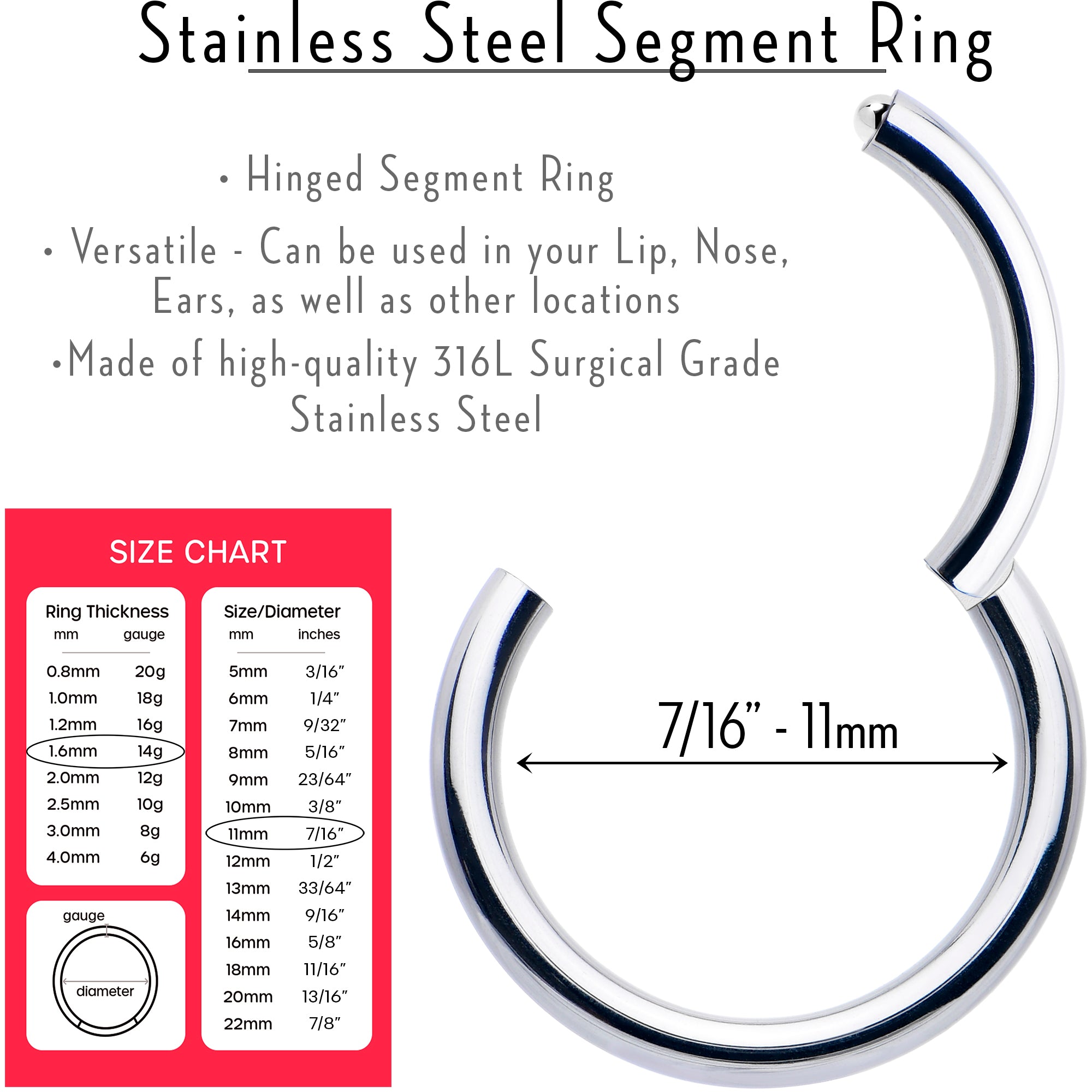 14 Gauge 7/16 316L Surgical Steel Precision Hinged Segment Hoop