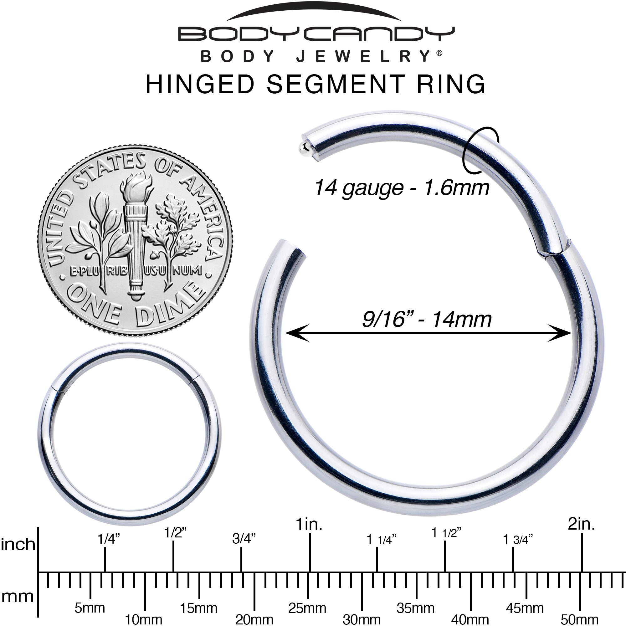 14 Gauge 9/16 316L Surgical Steel Precision Hinged Segment Hoop