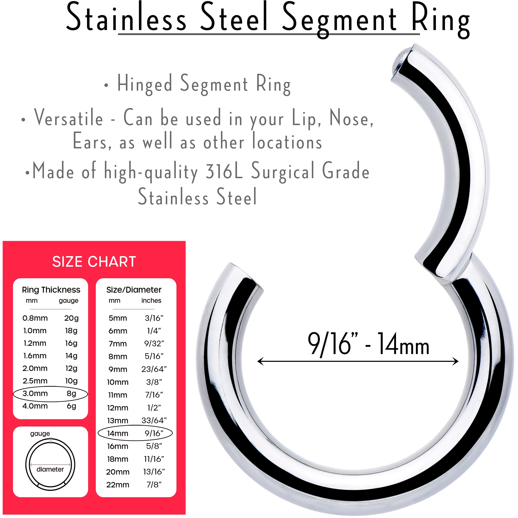 8 Gauge 9/16 316L Surgical Steel Precision Hinged Segment Hoop