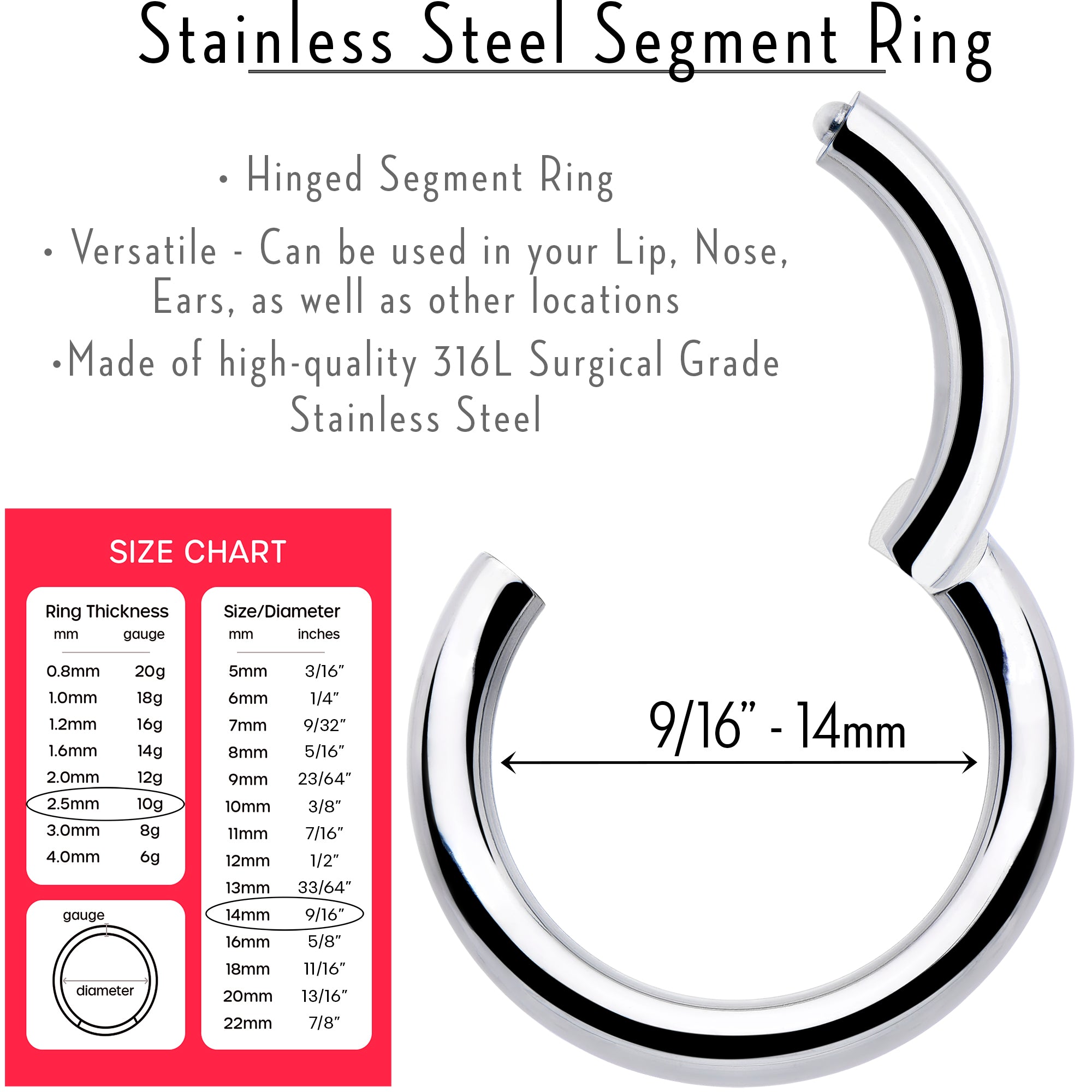 10 Gauge 9/16 316L Surgical Steel Precision Hinged Segment Hoop