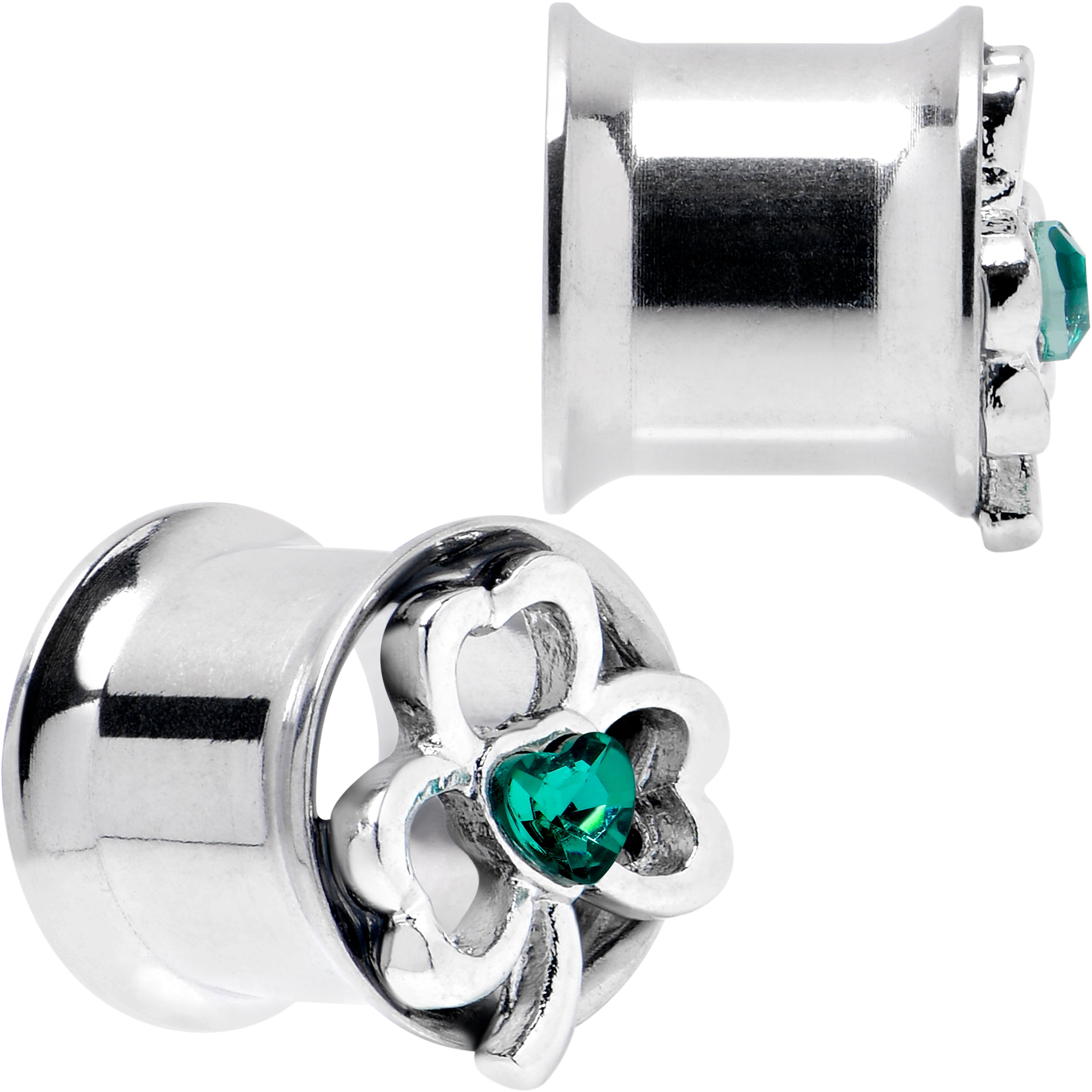 Green Gem Heart Shamrock St Patricks Tunnel Plug Set Sizes 10mm to 16mm