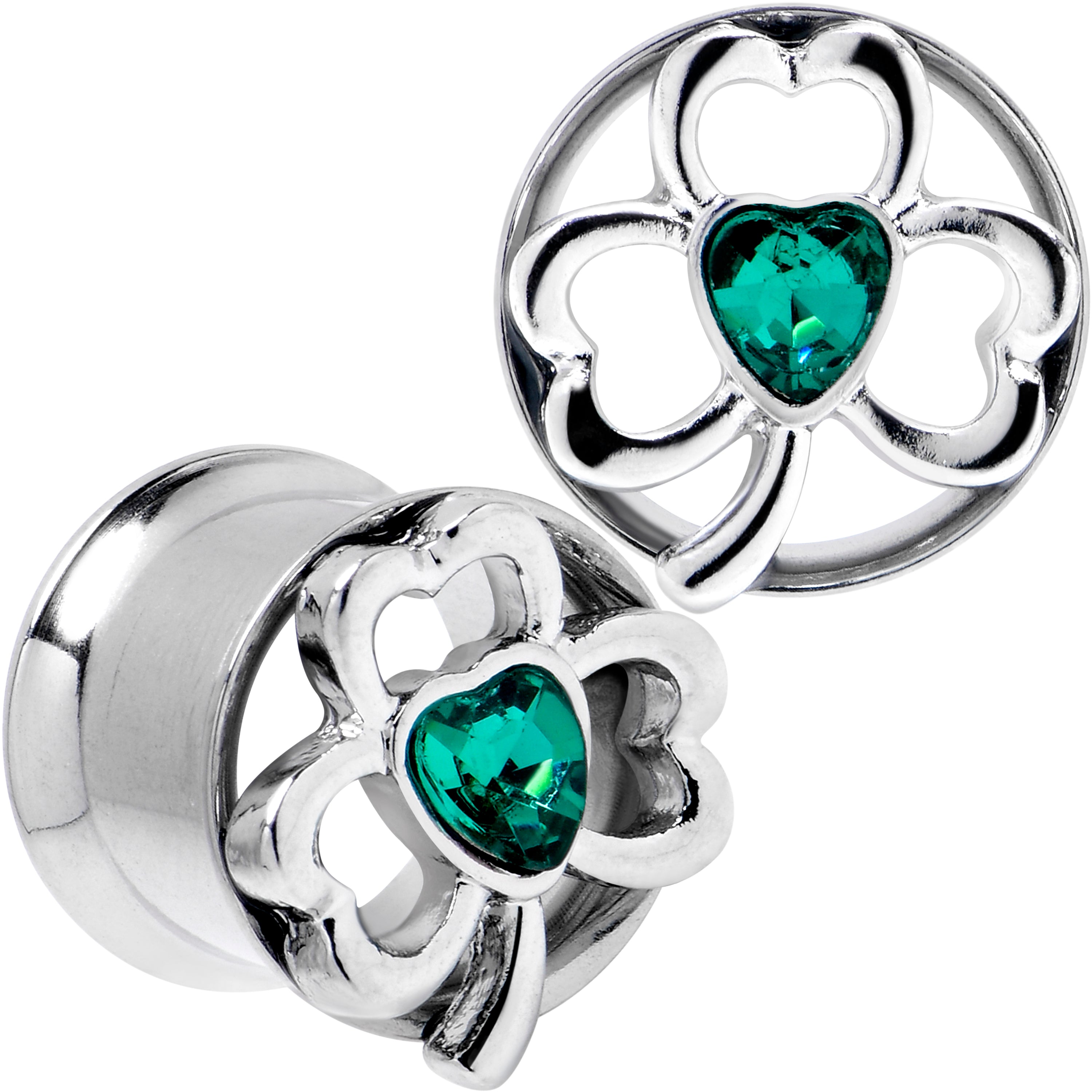 Green Gem Heart Shamrock St Patricks Tunnel Plug Set Sizes 10mm to 16mm