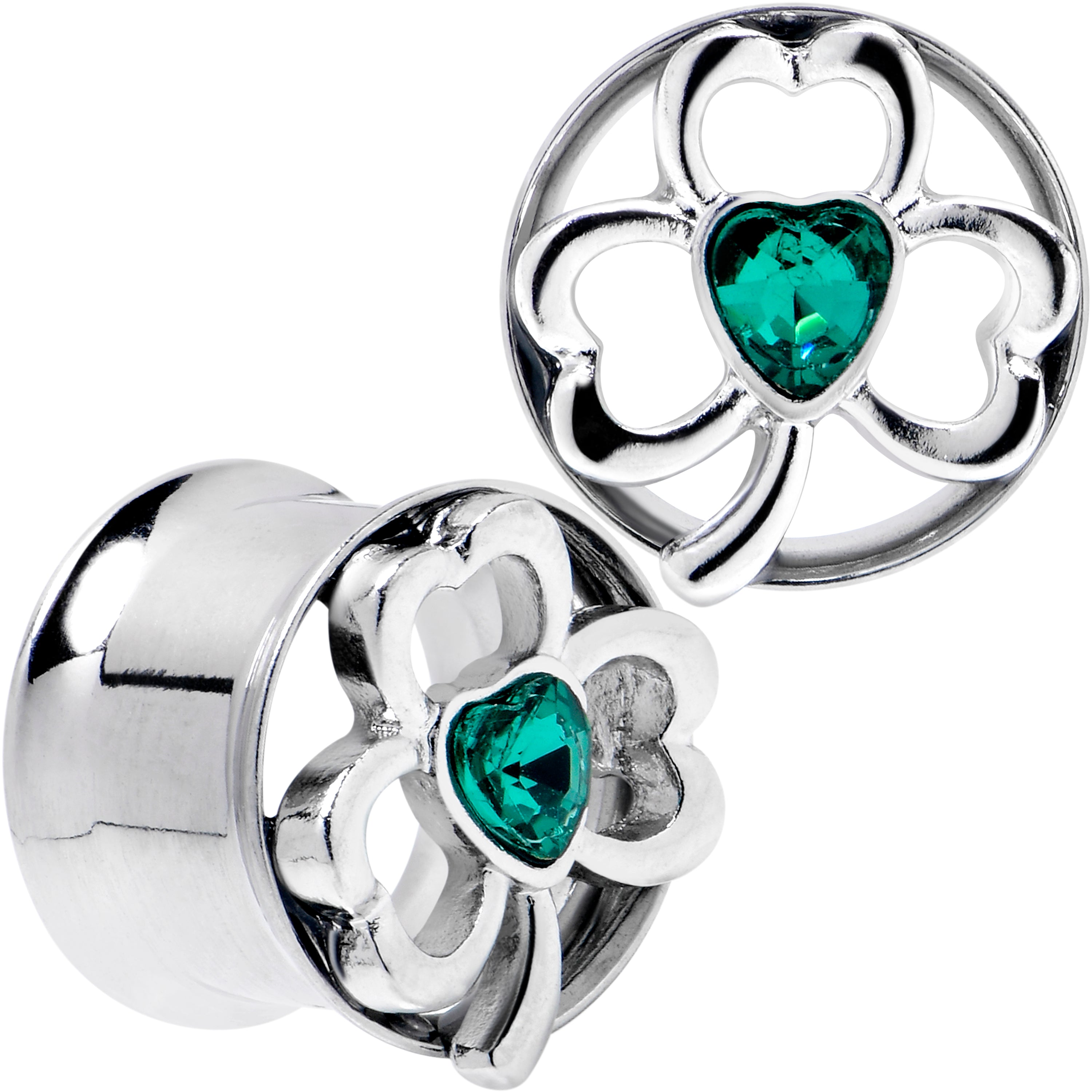 Green Gem Heart Shamrock St Patricks Tunnel Plug Set Sizes 10mm to 16mm