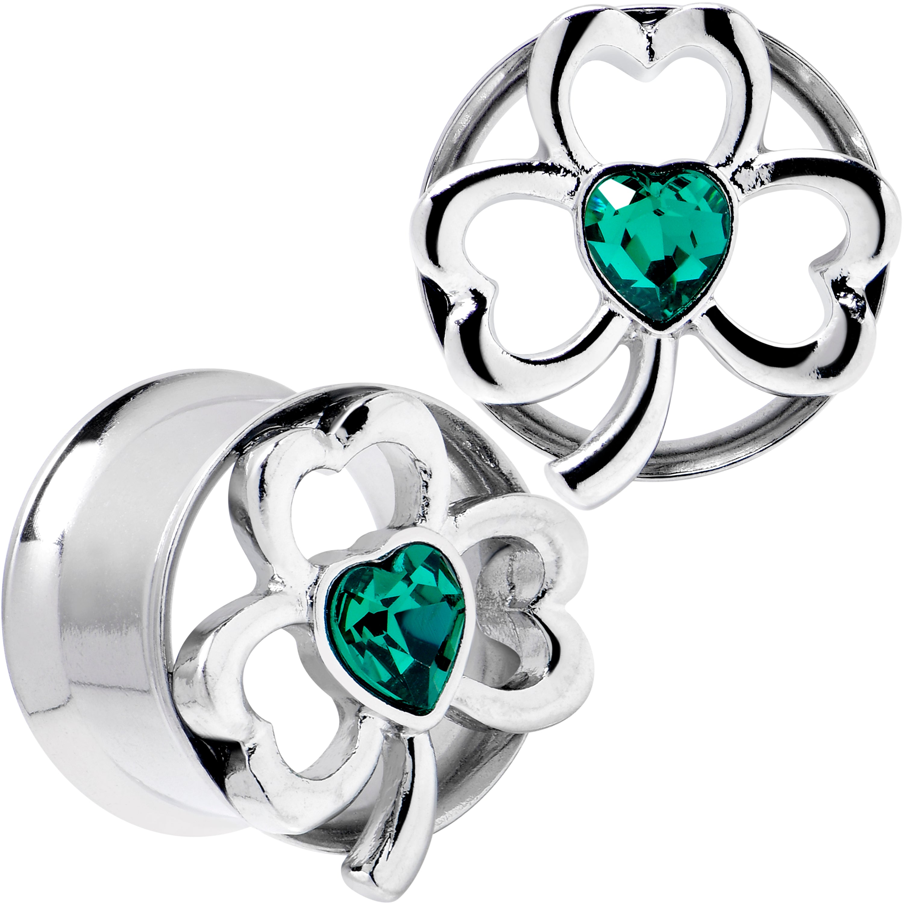 Green Gem Heart Shamrock St Patricks Tunnel Plug Set Sizes 10mm to 16mm