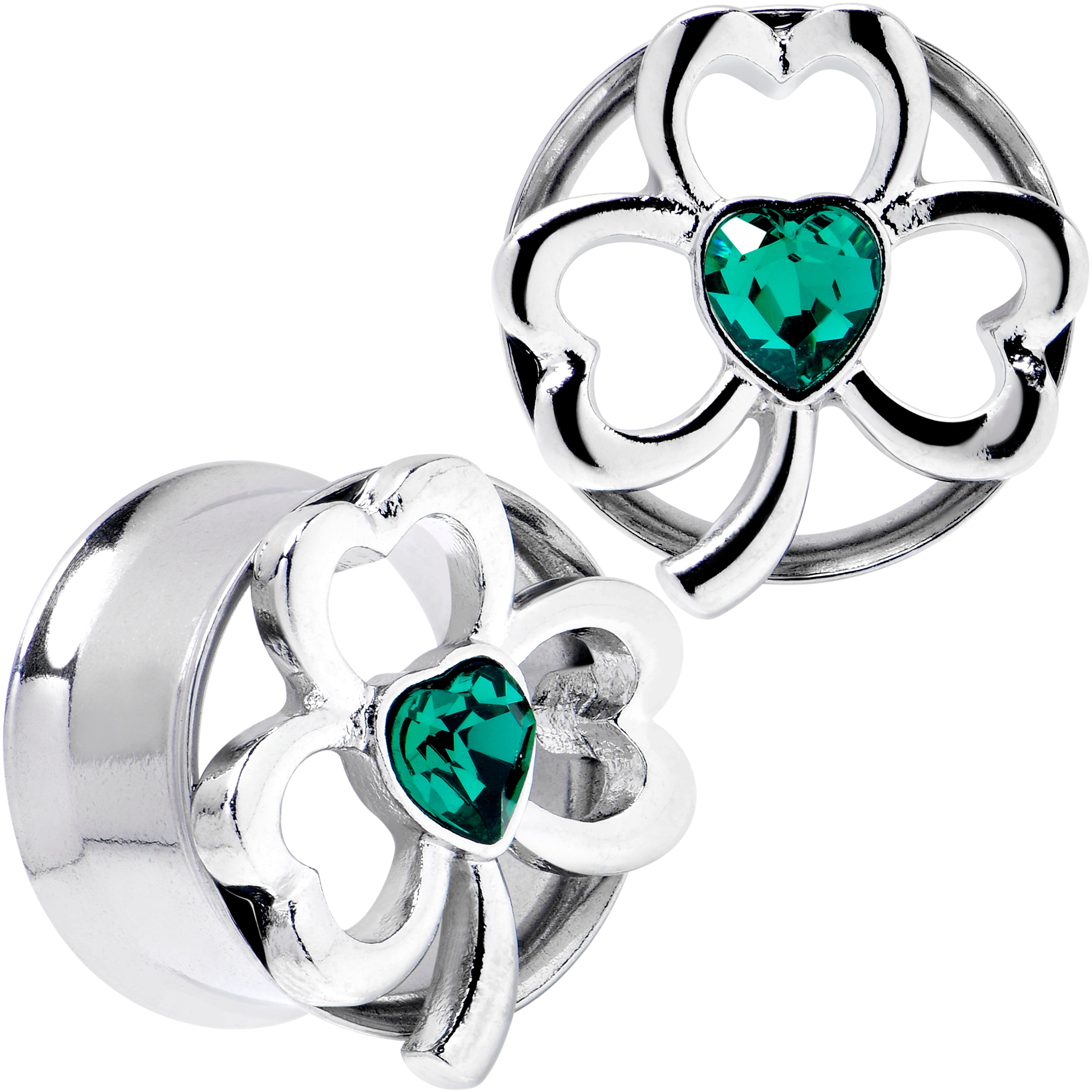 Green Gem Heart Shamrock St Patricks Tunnel Plug Set Sizes 10mm to 16mm