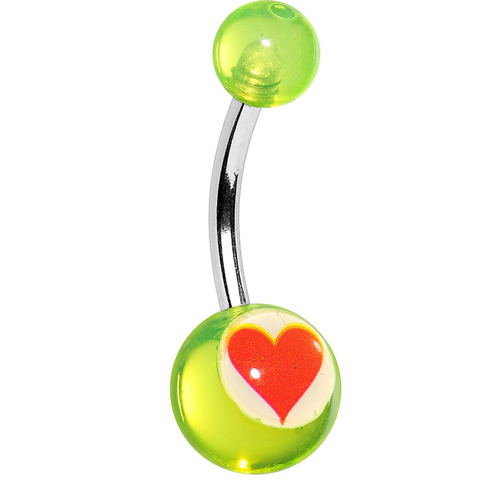 Acrylic Clear Lime Green with Heart Belly Ring 3/8