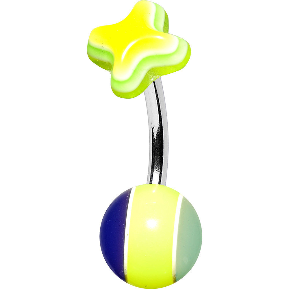 Yellow Acrylic Multi Layered Striped Ball Cross Flower Belly Ring